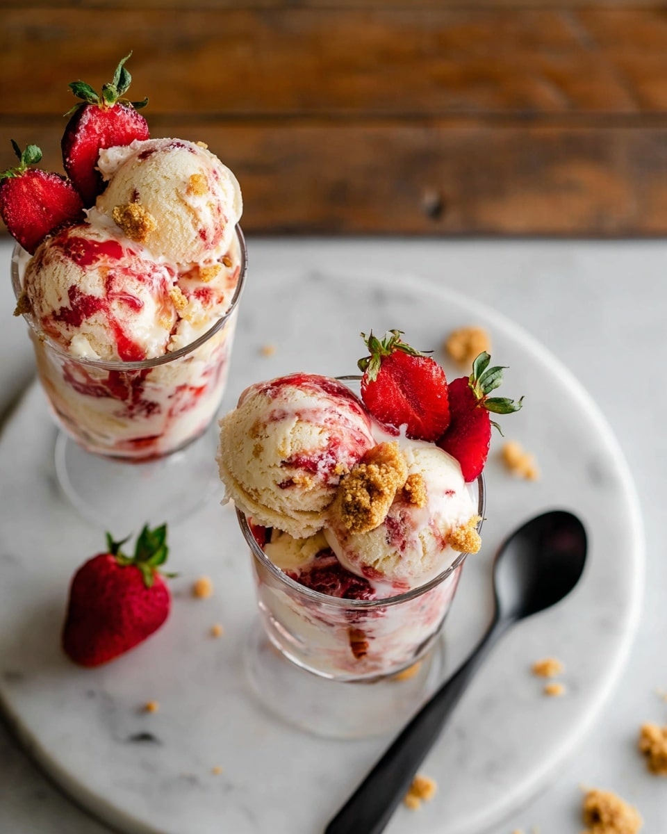 Two clear glass cups each hold two scoops of creamy vanilla ice cream mixed with chunks of red strawberry and swirls of strawberry sauce. On top of each cup, bright red halved strawberries with green leaves are placed, along with small crumbles of golden cookie. The cups sit on a round white marble surface with a blurred wooden background, and a black spoon lies between the cups, with a single whole red strawberry nearby. Photo taken with an iphone --ar 4:5 --v 7