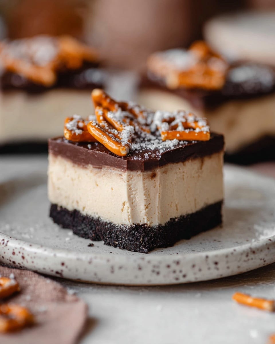 A square dessert bar is shown with three clear layers: a bottom dark crumbly cookie crust, a thick creamy beige cheesecake middle layer, and a smooth dark chocolate ganache on top. The ganache is decorated with crushed pretzels, some coated in white powder, and small orange cheese crackers. The dessert sits on a speckled white plate placed on a white marbled surface. The background is blurred but shows more pieces of the same dessert, giving a cozy homemade feel. Photo taken with an iphone --ar 4:5 --v 7