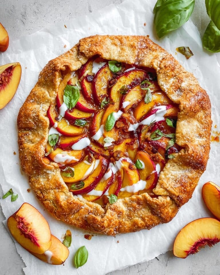 Spicy Peach Galette with Basil and Honey Goat Cheese Drizzle Recipe