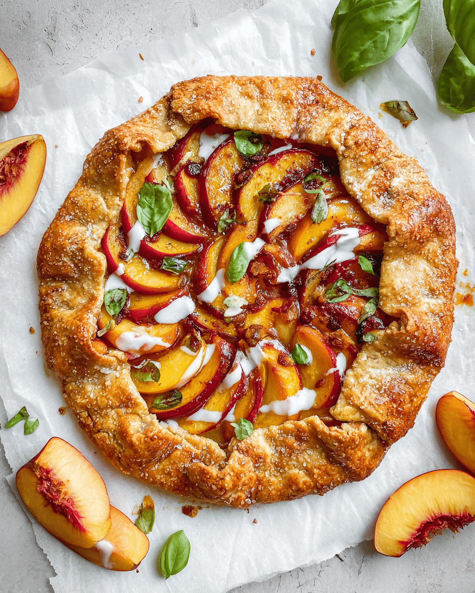 A round galette with a thick, golden-brown crust covered in coarse sugar and folded unevenly over the edges, showing multiple layers of flaky pastry. Inside, there is a colorful mix of thinly sliced peaches arranged in overlapping circular layers, blending yellow and red hues with a soft baked texture. The fruit is coated with a shiny glaze that looks sticky and caramelized, with some small green basil leaves scattered on top. White cream or icing is drizzled in thin lines across the fruit, adding contrast. The galette rests on white parchment paper placed on a white marbled surface, surrounded by a few fresh peach slices and green basil leaves. Photo taken with an iphone --ar 4:5 --v 7