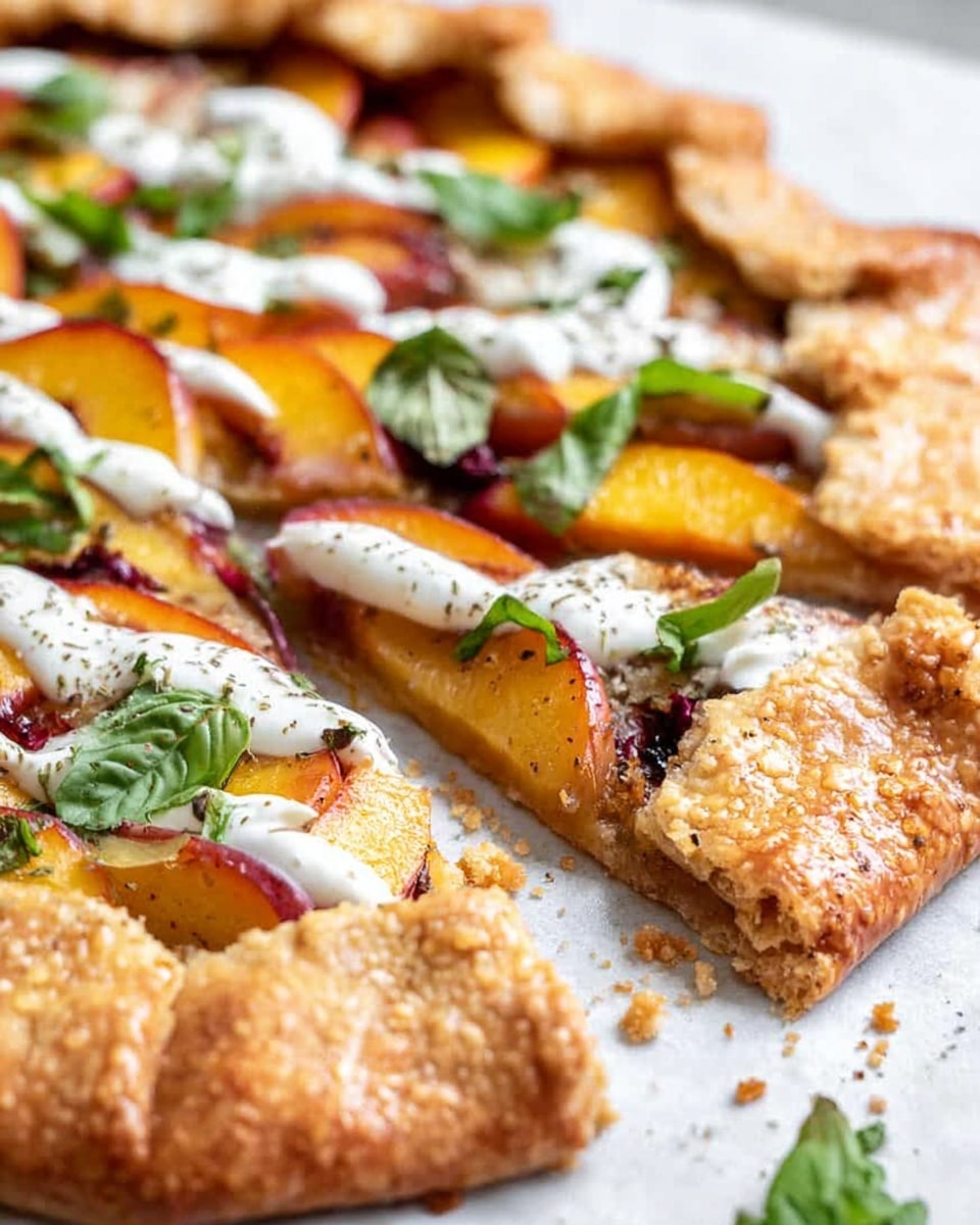 A close-up of a rustic galette with a golden, flaky crust, folded over to hold the filling in place; the first visible layer is bright orange slices of roasted peaches, topped with dollops of white cream sauce drizzled unevenly across; scattered green basil leaves add a fresh pop of color on top; underneath the peaches, there’s a layer of dark red sauce visible in spots, possibly a fruit or savory base; the surface is a white marbled texture holding the galette, with crumbs around it and a small piece broken off the crust in the foreground; photo taken with an iphone --ar 4:5 --v 7