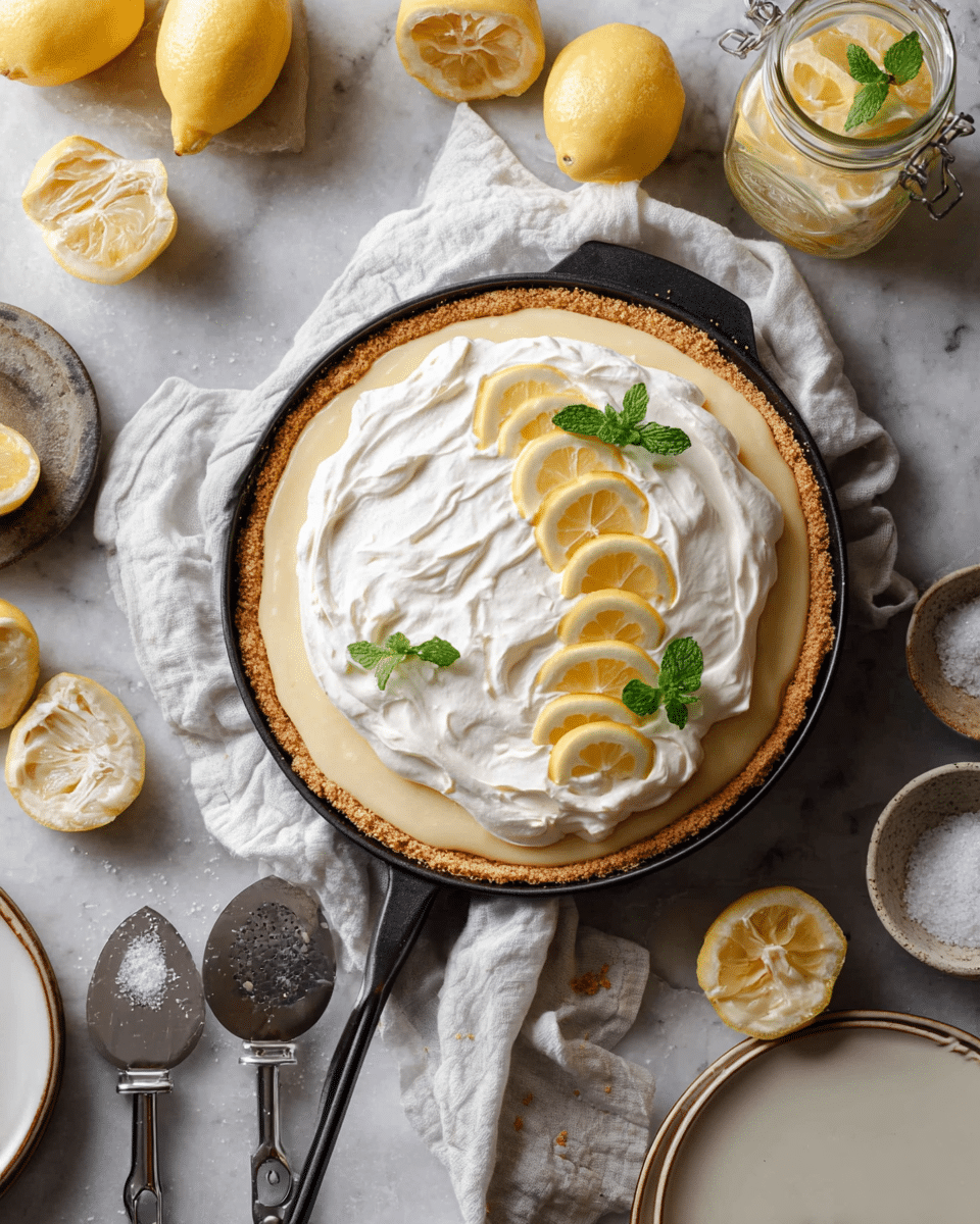 A lemon cream pie is shown in a black cast iron pan with a crumbly golden crust. The pie has two visible layers: a smooth pale yellow lemon filling as the base and a thick, fluffy white whipped topping spread unevenly on top with soft swirled peaks. Thin, translucent lemon slices arranged in a curved line partially cover the whipped topping, garnished with small fresh green mint leaves. The pan sits on a white cloth on a white marbled textured surface, surrounded by halved lemons, a glass jar with lemon halves, a small dish with coarse salt, vintage beaters with white cream, and empty white ceramic plates with subtle brown rims, all scattered casually around. Photo taken with an iphone --ar 4:5 --v 7
