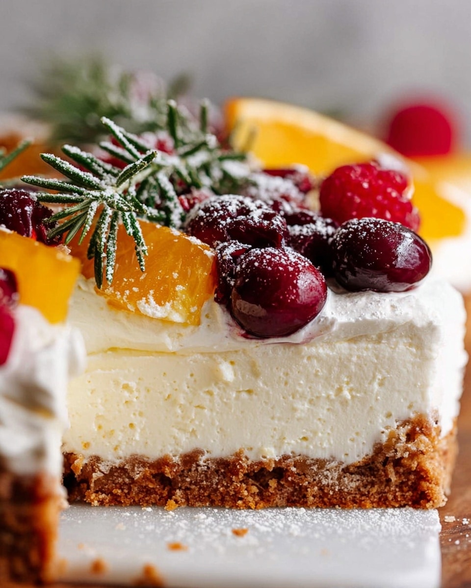 A close-up view of a layered dessert on a white marbled surface showing three distinct layers: a thick crumbly brown base, a thick creamy white middle layer, and a top layer of whipped cream. On top of the whipped cream, there are fresh raspberries, dark cherries, bright orange slices, and sprigs of green rosemary dusted lightly with powdered sugar, adding a festive touch. The textures range from crumbly and soft at the bottom to smooth and airy on top, with vibrant colors from the fruit and herbs standing out against the creamy white layer and white marbled background. Photo taken with an iphone --ar 4:5 --v 7