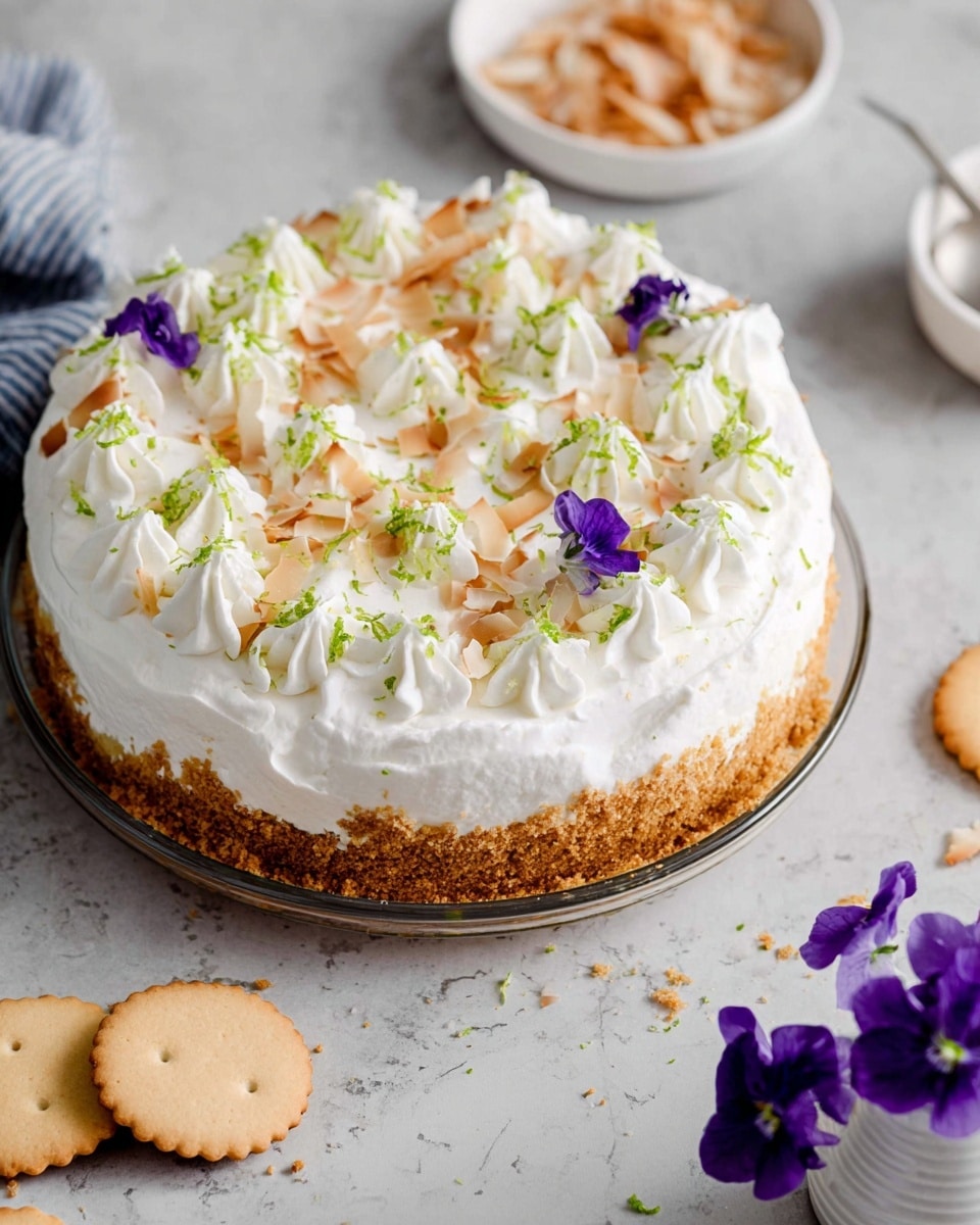 A round cake sits on a white marbled surface, with a thick, fluffy layer of white whipped cream covering the top. The cake is decorated with small piles of toasted light brown coconut flakes placed evenly around the top edge, and bright green lime zest sprinkled lightly over the cream. Three small purple edible flowers are placed on top, adding a pop of color. The cake rests on a round clear glass plate, with crushed cookie crumbs visible at the edge of the cream layer. Nearby, on the white marbled surface, are a few broken light-colored circular cookies, and a white bowl holding two purple flowers. Photo taken with an iphone --ar 4:5 --v 7