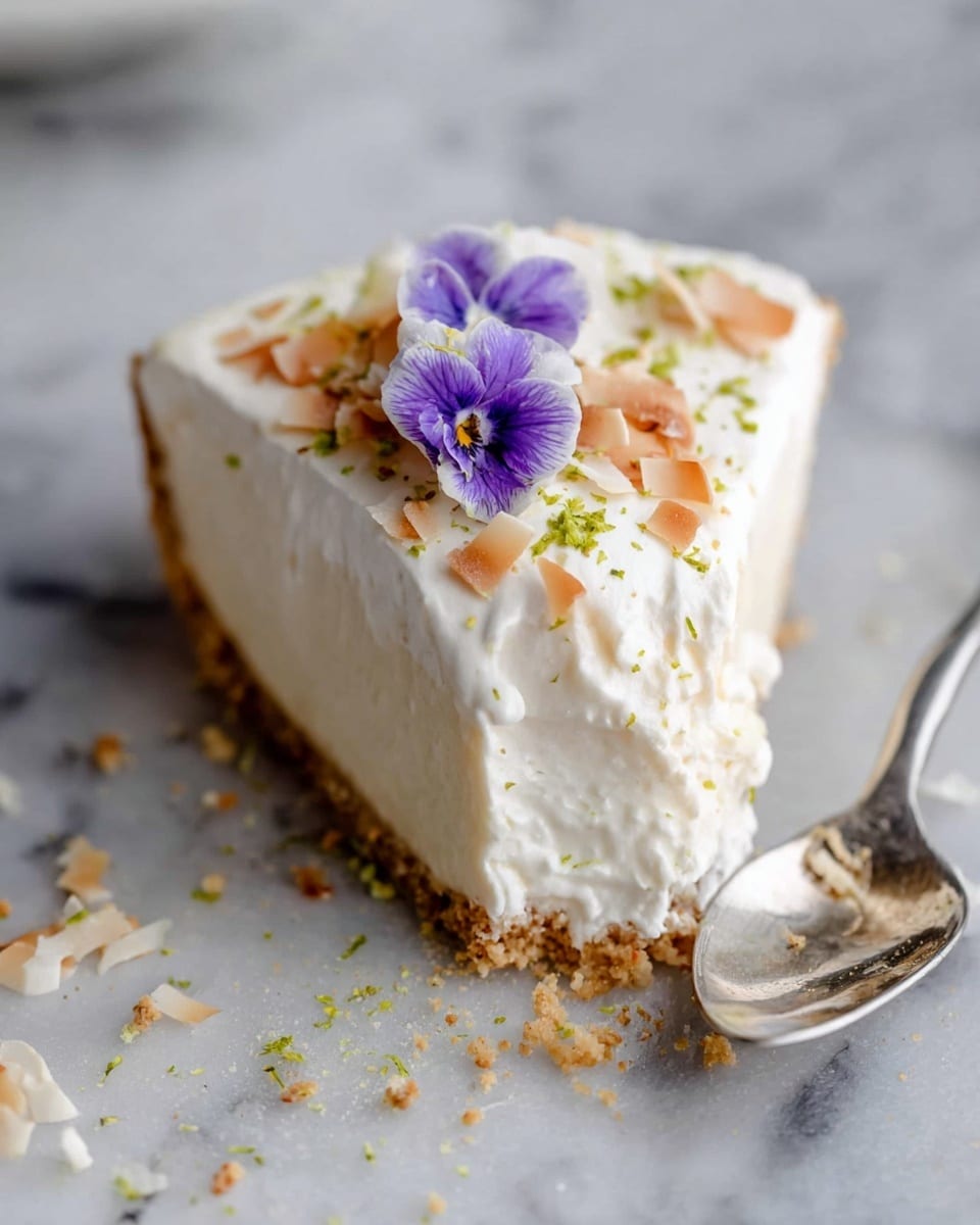 A close-up of a slice of creamy white pie with three layers: a crumbly light brown crust at the bottom, a thick white cream layer in the middle, and a fluffy white topping with a soft texture on top. The pie slice is decorated with toasted light brown coconut flakes, a small purple and white edible flower near the front, and some green zest sprinkled around the top. The pie slice is held with a silver utensil resting on a white marbled surface with some crumbs scattered around. Photo taken with an iphone --ar 4:5 --v 7