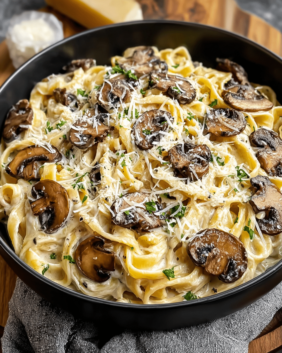 A black bowl holds creamy fettuccine pasta mixed with a light beige sauce, topped with browned mushroom slices scattered evenly on the surface. The mushrooms have a slightly shiny texture from cooking, and there are small green parsley pieces sprinkled sporadically on top. Light shavings of white Parmesan cheese are spread across the dish, adding texture and contrast. The bowl sits on a wooden surface with a gray cloth next to it, but the background is changed to a white marbled texture. The overall look shows a rich, comforting pasta dish with varied textures from soft pasta, creamy sauce, tender mushrooms, and grated cheese. photo taken with an iphone --ar 4:5 --v 7