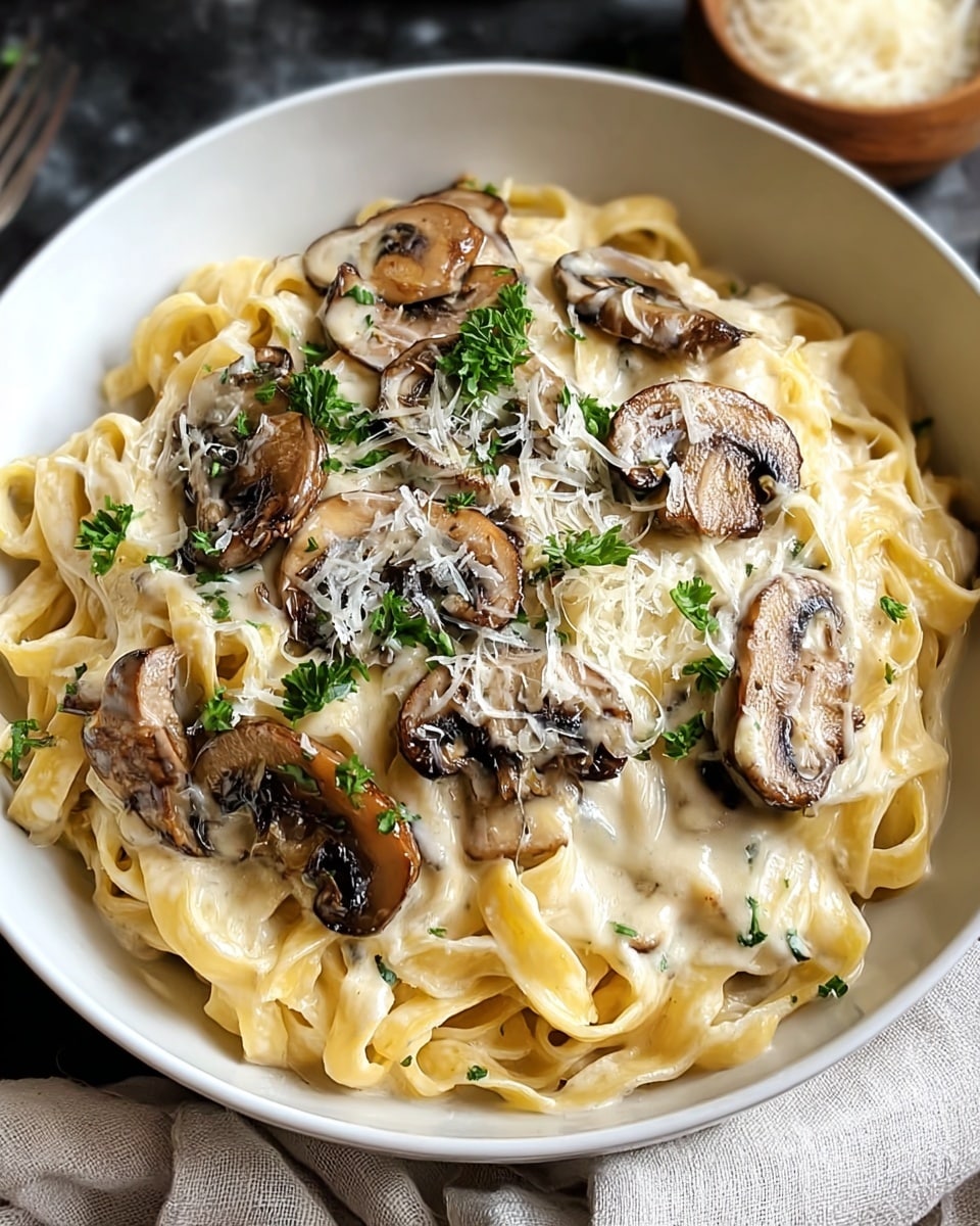 A bowl filled with creamy fettuccine pasta forms the base layer, coated in a rich white sauce with smooth, glossy texture. On top of the pasta, there are golden brown sautéed mushroom slices spread evenly, shiny with a slight crispness. The entire dish is sprinkled with finely grated pale yellow cheese and small green parsley leaves, adding a fresh touch of color. The bowl is white, placed on a white marbled surface with a soft cloth nearby. photo taken with an iphone --ar 4:5 --v 7