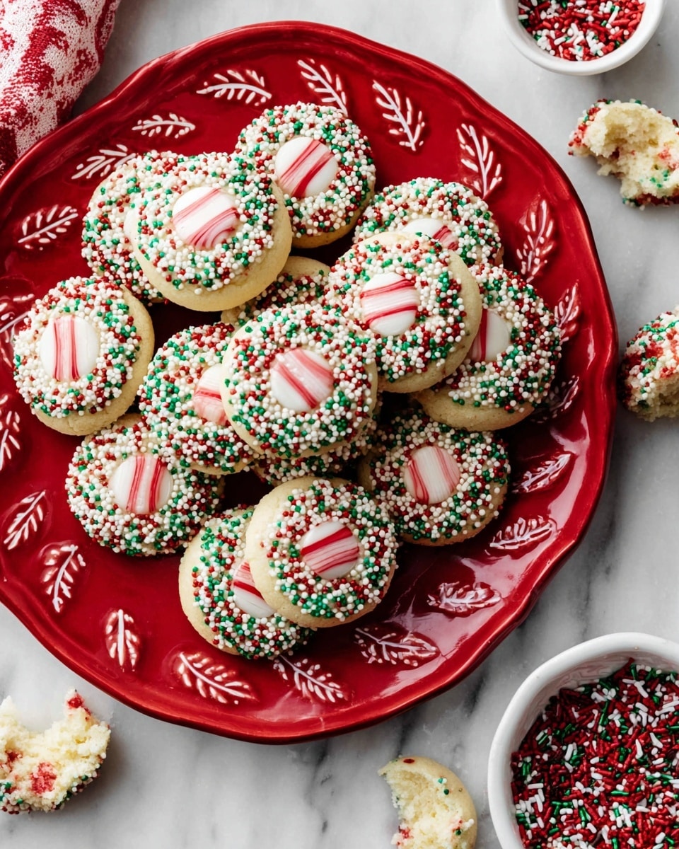 A red plate with white leaf patterns holds about twelve round cookies arranged closely together. Each cookie has two layers: a light beige base coated in small green, red, and white round sprinkles covering the entire top, and a shiny white and red striped peppermint candy placed in the middle. Around the red plate, there is a small white bowl filled with red, green, and white elongated sprinkles, and some broken pieces of a cookie showing a soft inside with white frosting and round sprinkles on top. The whole scene is set on a white marbled surface. photo taken with an iphone --ar 4:5 --v 7