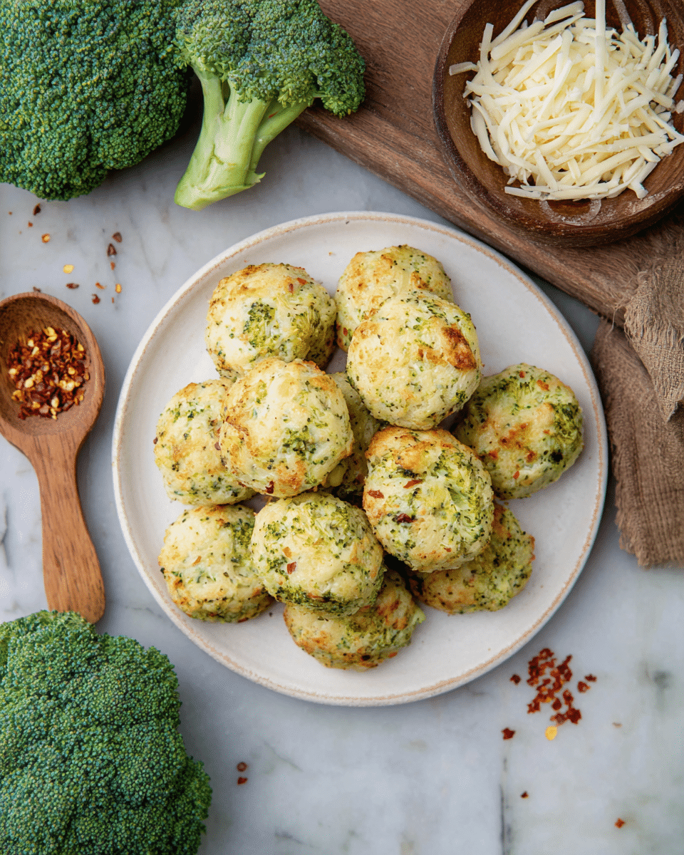 A white plate holds a pile of small round broccoli cheese bites, all light green with uneven textures and slightly browned edges, showing small broccoli bits mixed inside. Around the plate, there are several fresh broccoli florets with thick green stems, a wooden spoon with red chili flakes, and a wooden bowl filled with shredded white cheese, all set on a white marbled surface. photo taken with an iphone --ar 4:5 --v 7