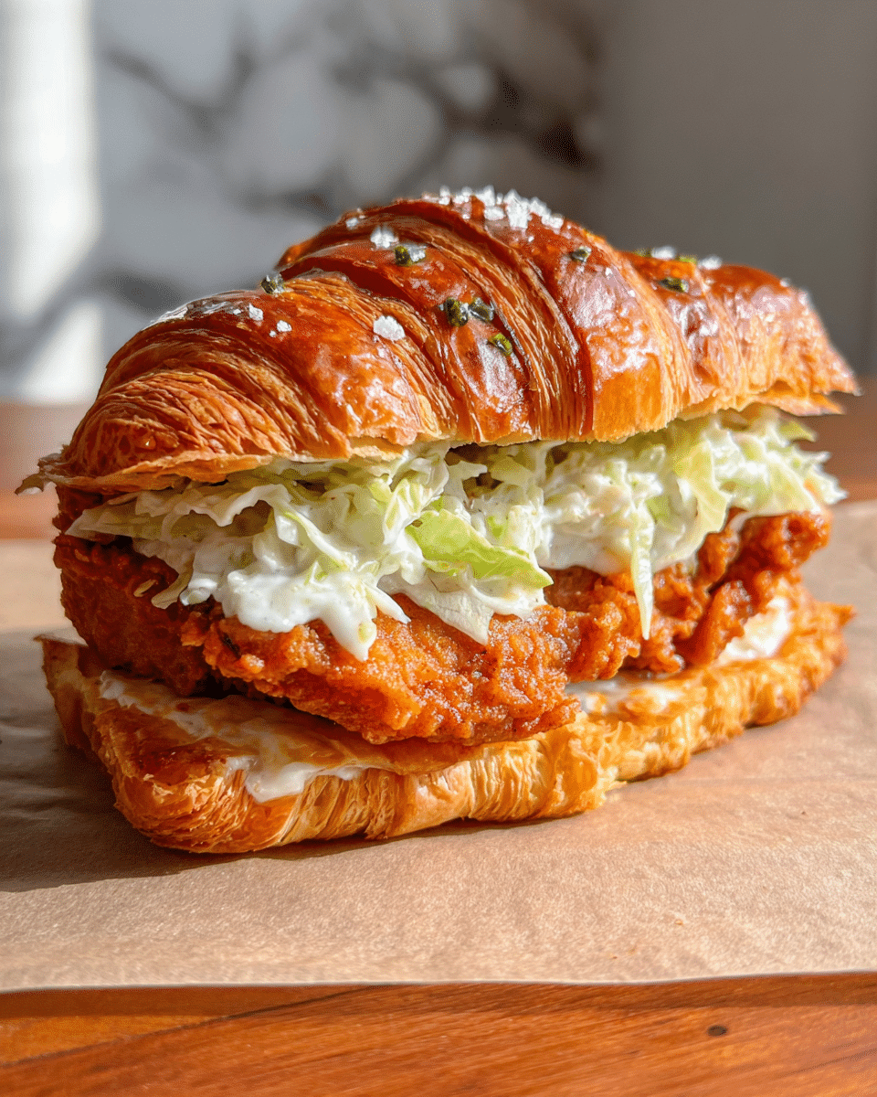 A sandwich with three main layers is shown close up against a white marbled background. The bottom and top layers are flaky croissant halves, golden brown with a shiny, slightly crispy texture; the top croissant is sprinkled with coarse white salt and small green herb bits. The middle layer is thick, crispy fried chicken with a bright orange, crunchy coating. Above the chicken is a layer of creamy, pale green shredded lettuce mixed with a white mayonnaise-like sauce. The sandwich is placed on brown parchment paper on a wooden surface. photo taken with an iphone --ar 4:5 --v 7
