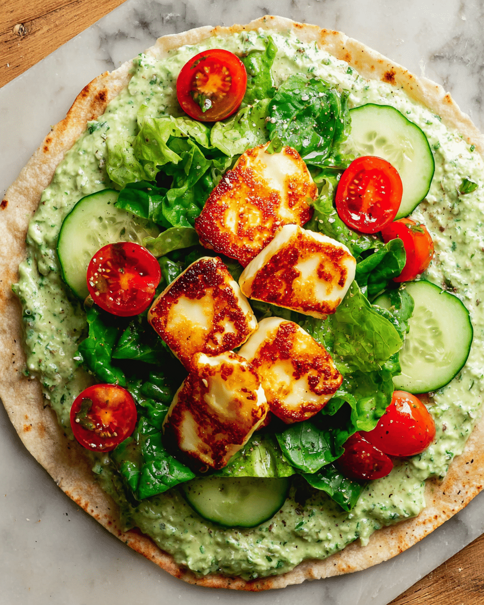 A flat round tortilla is spread with a thick, light green herb sauce as the base layer. On top of this, there is a layer of fresh green lettuce leaves, followed by fresh cucumber slices around the edges mixed with halved bright red cherry tomatoes. The final top layer consists of three pieces of golden-brown grilled halloumi cheese stacked slightly overlapping in the center. The tortilla is set on a white marbled surface. photo taken with an iphone --ar 4:5 --v 7