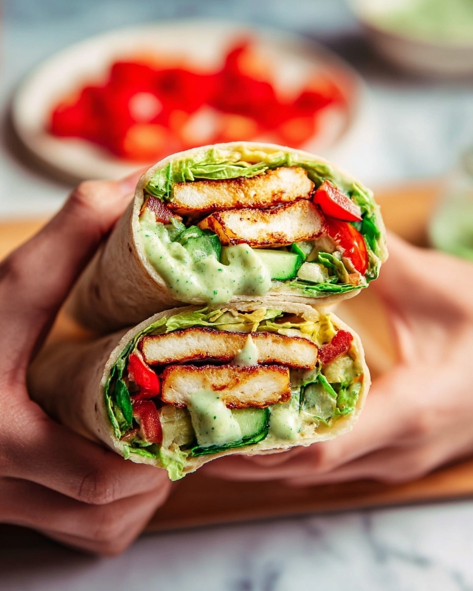 A close-up of a wrap sandwich held by a woman's hand, cut in half and stacked with one half on top of the other. The wrap shows multiple layers: a light beige tortilla outer layer, inside which there are grilled golden-brown halloumi cheese slices, bright green lettuce leaves, red tomato chunks, bits of cucumber, and a creamy green herb sauce that looks fresh and smooth, spreading slightly onto the edges. In the background, out of focus, there is a white plate with more red tomato pieces on a white marbled surface. Photo taken with an iphone --ar 4:5 --v 7
