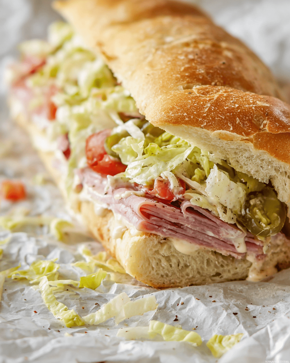 A close-up view of a large sandwich with three main layers, resting sideways on crumpled white parchment paper against a white marbled texture background. The bottom layer is thick, soft, light golden bread with a slightly spongy texture. Above it, there is a layer of pink ham slices with some visible seasoning. The top layer consists of a fresh, shredded salad mix with green lettuce, chopped light green pepper, and small bits of red tomato, all held together with a creamy dressing. The top of the sandwich is covered with a golden-brown crusty bread, sliced evenly on top. Some shredded salad pieces are scattered around the sandwich on the parchment paper. Photo taken with an iphone --ar 4:5 --v 7