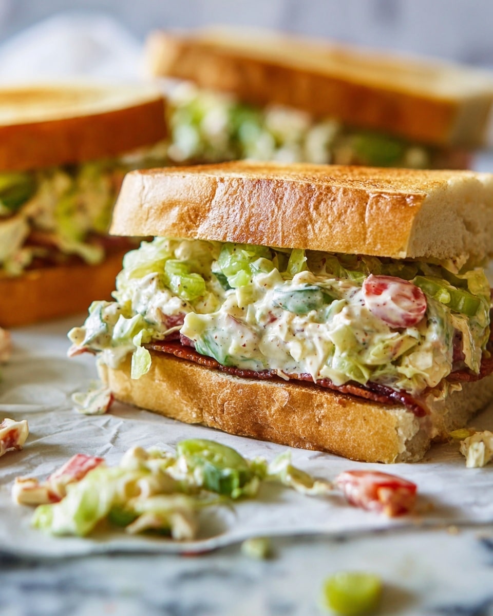 The image shows a sandwich cut into sections on a white marbled surface. The sandwich has three main visible layers: the top golden brown, crusty bread layer with a soft rind, a thick layer of creamy mixed salad filled with shredded pale green lettuce, pieces of bright green peppers, and small chunks of red tomato, and a bottom layer of toasted bread with what looks like a slice of bacon or cured meat peeking out beneath the salad. Extra salad is scattered around the sandwich, adding texture and color. Photo taken with an iphone --ar 4:5 --v 7