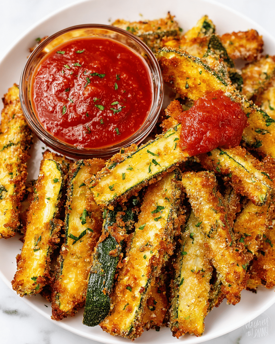A white plate is filled with golden-brown zucchini fries, each cut into long sticks with crispy breading on the outside showing some green skin edges and sprinkled with finely chopped green herbs. Nestled among the fries is a small clear glass bowl filled with thick, bright red marinara sauce with visible chunks, and one zucchini fry partially dipped into the sauce. The background is a white marbled texture that highlights the vivid colors of the fries and sauce. photo taken with an iphone --ar 4:5 --v 7