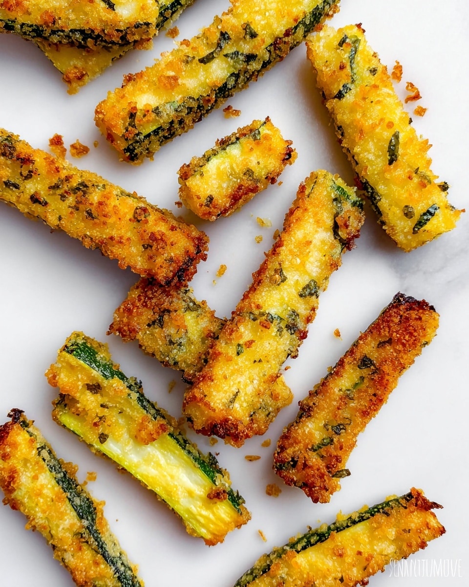 The image shows several pieces of baked zucchini fries spread out on a clean white marbled surface. Each fry is long and rectangular with a crunchy golden-yellow coating that has small bits of herbs and cheese visible. The zucchini underneath shows through in some pieces, revealing a greenish texture. The fries have a crispy, slightly uneven crust with some browned edges, giving a homemade look. The fries are scattered loosely without overlapping, highlighting their crispy texture. photo taken with an iphone --ar 4:5 --v 7