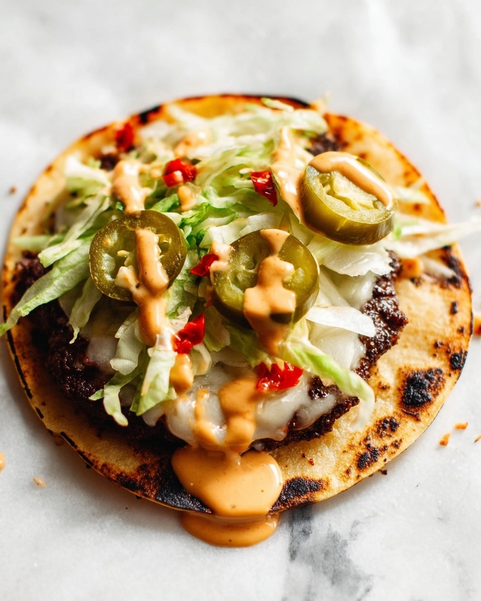A single taco is shown lying flat on a white marbled surface, with one layer of a slightly charred, golden-brown small tortilla forming the base. On top of the tortilla is a thick, dark brown grilled meat patty. Above the meat is a layer of melted white cheese that slightly melts over the edges of the meat. A layer of shredded green lettuce is spread across the cheese, topped with round green pickle slices and small pieces of red chili. The whole taco is drizzled with a creamy, orange sauce with some sauce spilling over the side of the tortilla. photo taken with an iphone --ar 4:5 --v 7