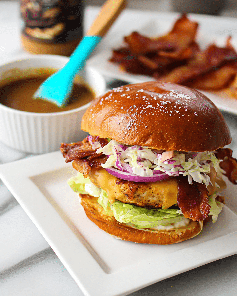 A close-up of a sandwich on a white square plate with a glossy brown bun sprinkled with coarse salt on top, the sandwich has six visible layers: a bottom bun, a green lettuce leaf, a dark red thick tomato slice, a grilled chicken patty with crispy edges, a slice of yellow cheese, crispy brown bacon pieces, and a layer of coleslaw with white cabbage and red onion slices under the top bun. In the background, there is a white bowl with brown sauce and a wooden spoon with a sky-blue silicone spatula resting inside, and a white plate holding extra crispy bacon strips, all placed on a white marbled surface photo taken with an iphone --ar 4:5 --v 7