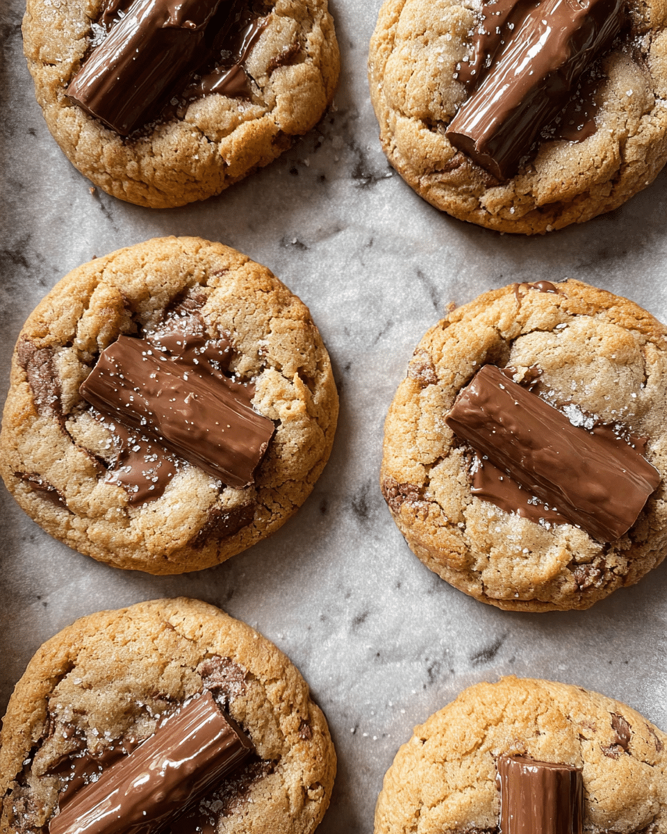 Six golden brown cookies with a slightly cracked surface and visible chunks bake on a parchment-lined tray with a white marbled texture underneath. Each cookie is topped with a shiny, melted chocolate bar piece, adding a rich, smooth texture contrast to the rough cookie base. Some chocolate bars have melted edges blending into the cookies, giving a fresh, gooey look. The cookies are evenly spaced, showing their round shape and soft, chewy texture. photo taken with an iphone --ar 4:5 --v 7
