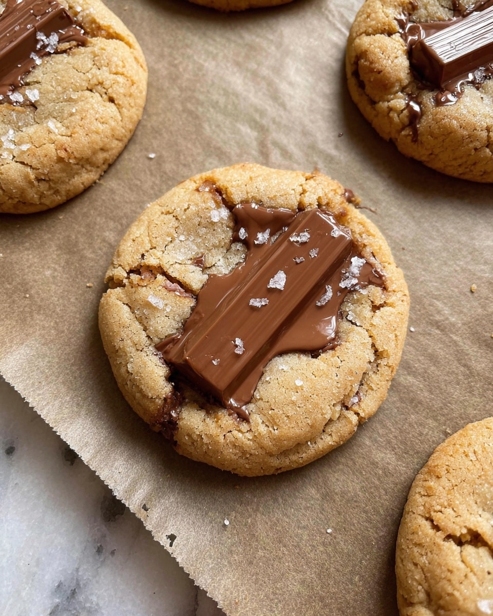 A round, golden-brown cookie with a slightly cracked surface rests on a baking tray covered with parchment paper. It has a shiny, melted chocolate bar piece placed in the center, oozing creamy milk chocolate that spreads slightly onto the cookie. The cookie's texture looks soft and chewy with some coarse salt sprinkled on top. There are other similar cookies partially visible around it. The whole scene sits on a white marbled texture. photo taken with an iphone --ar 4:5 --v 7