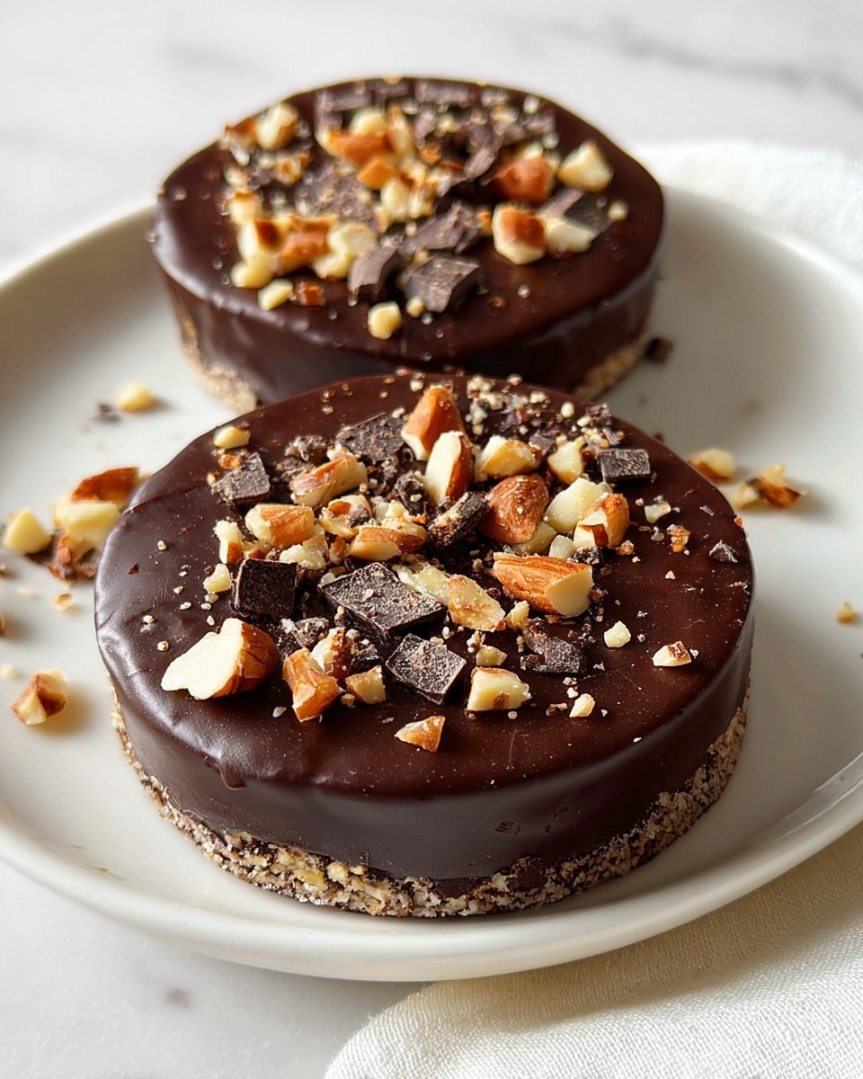 Two round chocolate-covered desserts sit on a white plate on a white marbled surface. Each dessert has a smooth, glossy dark chocolate coating on top. They are topped with chopped nuts and small chunks of dark chocolate, scattered unevenly across the surface. The bottom layer is not fully visible but appears to be a lighter color. The close-up image shows the texture of the chocolate and nuts clearly. photo taken with an iphone --ar 4:5 --v 7