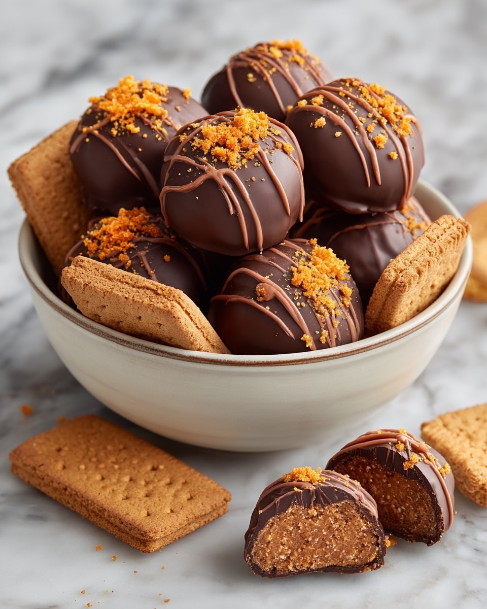 A bowl filled with round, chocolate-covered treats, each coated in smooth milk chocolate with thin drizzle lines on top and orange crumbs sprinkled over them. Around the bowl’s edge, several rectangular orange cookies are placed, showing their textured surface and edges. Outside the bowl, one whole chocolate treat and one half-eaten one reveal a dense, brown filling inside. The background is a white marbled texture. photo taken with an iphone --ar 4:5 --v 7