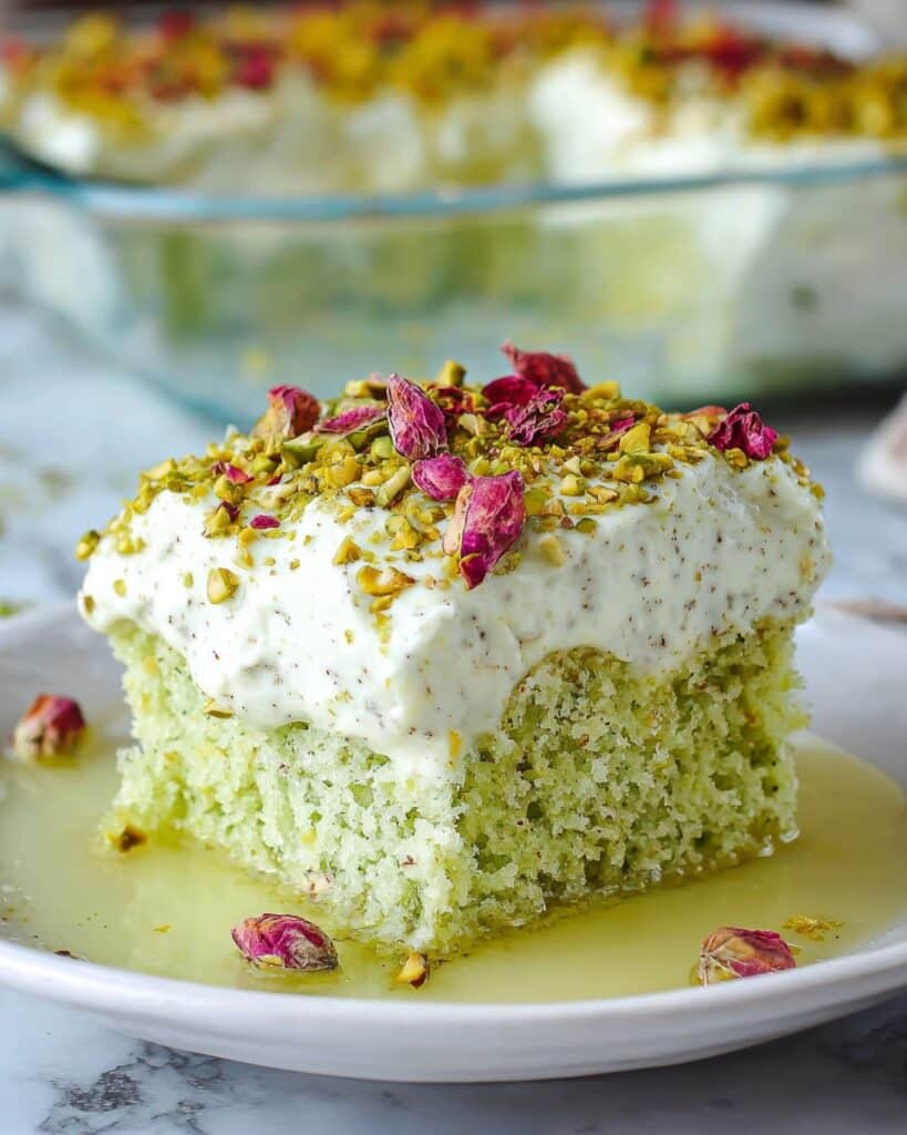 Pistachio Milk Cake with Whipped Cream and Rose Petals Recipe