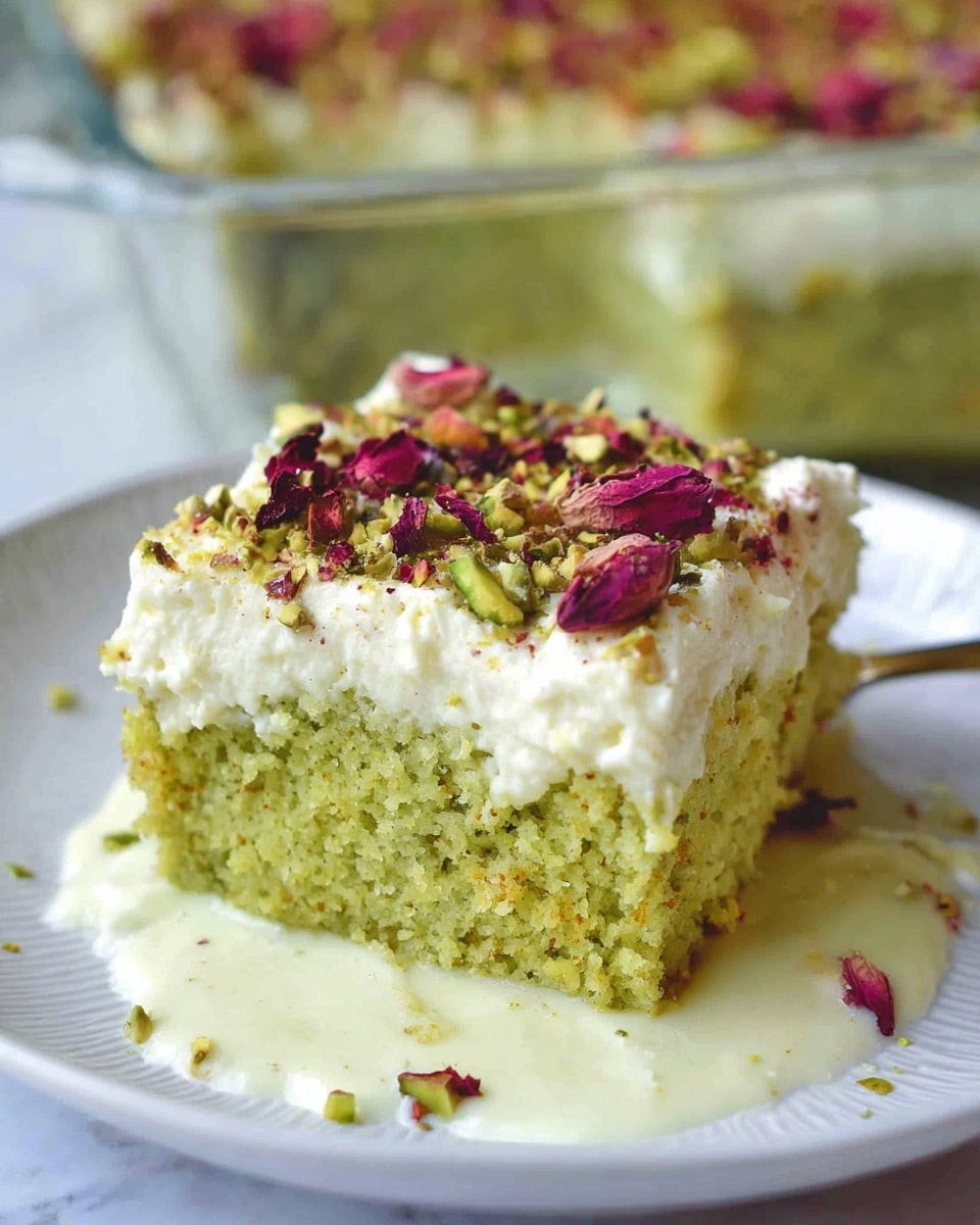 The image shows a single square slice of moist green cake with a rough, crumbly texture, soaking in a light creamy sauce at the bottom, placed on a white plate with a textured white marble surface underneath. The cake has two clear layers: the bottom thick green cake layer and a thick creamy white frosting layer on top that looks soft and fluffy. The frosting is sprinkled with crushed pistachios and small pieces of dried rose petals, adding touches of green and deep pink color on the top. In the background, a larger glass dish of the same cake is slightly blurred. Photo taken with an iphone --ar 4:5 --v 7