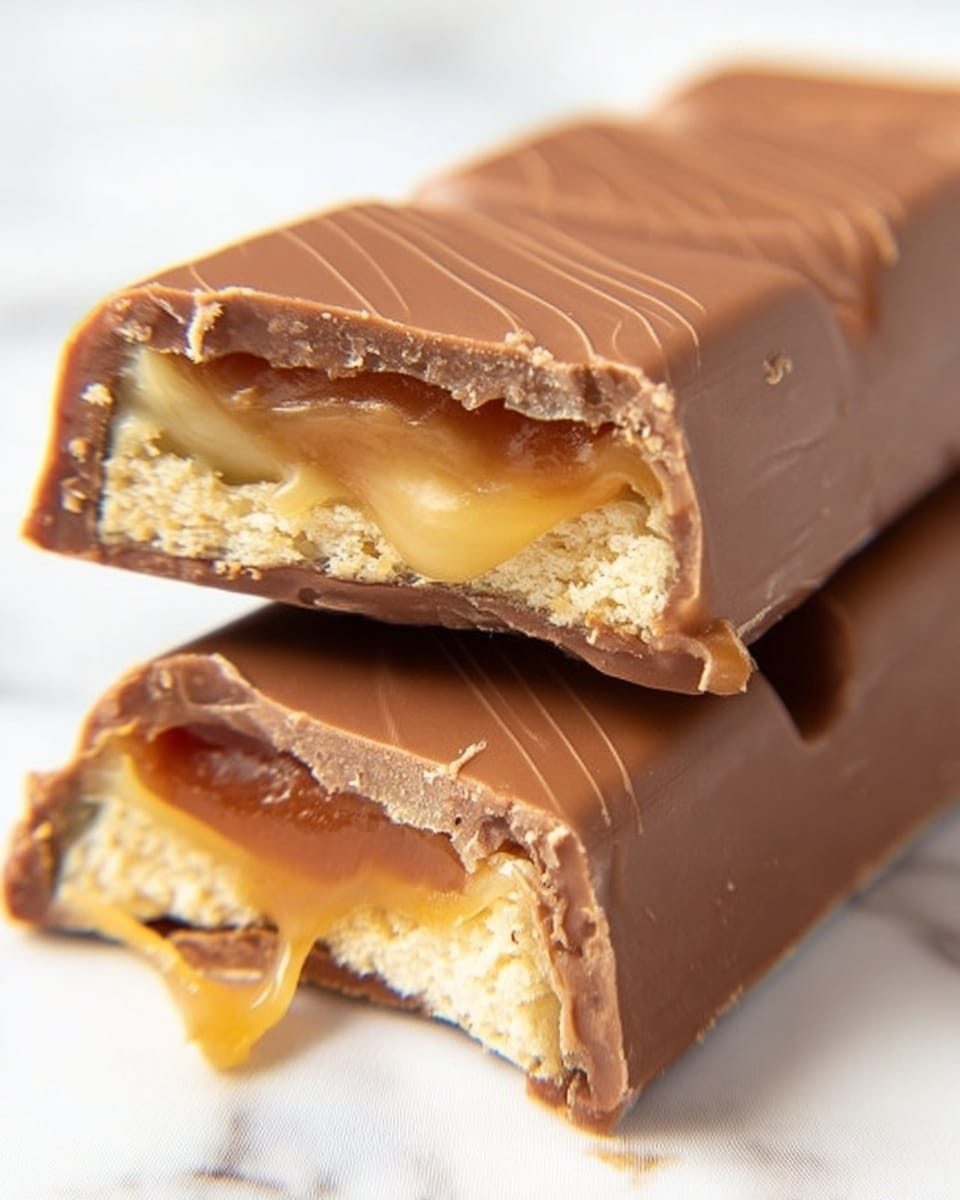 The image shows a close-up of a broken chocolate bar with two pieces stacked on a white marbled surface. The top piece is broken to reveal three layers inside: a smooth milk chocolate outer layer with a slightly shiny texture, a soft caramel layer just inside the chocolate that is light brown and slightly gooey, and a light beige, crumbly biscuit layer at the center. The bottom piece, also broken, shows the same three layers with a string of caramel stretching between the pieces. The chocolate coating has small ridges along its surface. photo taken with an iphone --ar 4:5 --v 7