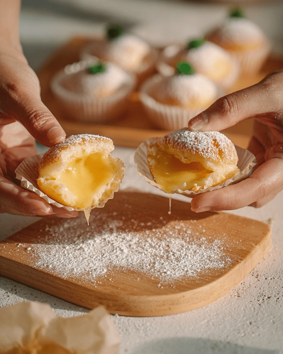 Three small yellow round sweets are placed in white paper cups with ridged edges, each sweet topped with a light dusting of white powder and a small green leaf. The sweets have a smooth, slightly shiny texture and sit on a light wood surface that is changed to a white marbled texture. There is soft natural light casting gentle shadows, and a few light beige dried fluffy plants lie next to them on the surface. Photo taken with an iphone --ar 4:5 --v 7