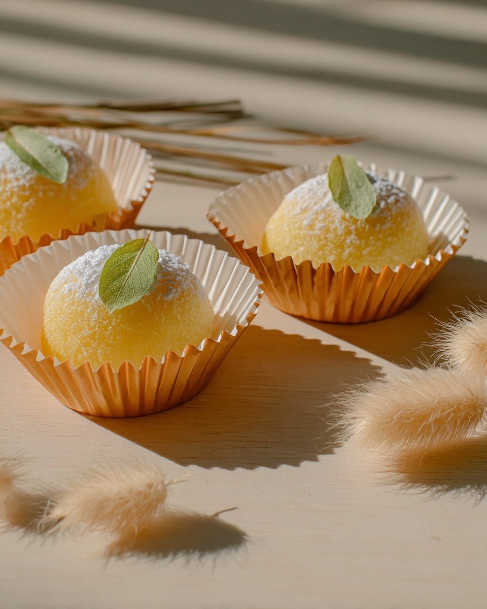 A close-up image shows a woman's hands gently pulling apart a soft, round pastry dusted with white powdered sugar. Inside, there is a smooth, bright yellow filling with a glossy texture, slightly dripping as the pastry breaks open. The pastry outer layer is light beige and fluffy, with a powdered sugar coating that adds a delicate, powdery texture. The background features several whole pastries in white paper liners, each topped with a small green decoration. The scene is set on a light wooden table with a small round wooden board in the center dusted with powdered sugar, all placed on a white marbled surface. Photo taken with an iphone --ar 4:5 --v 7