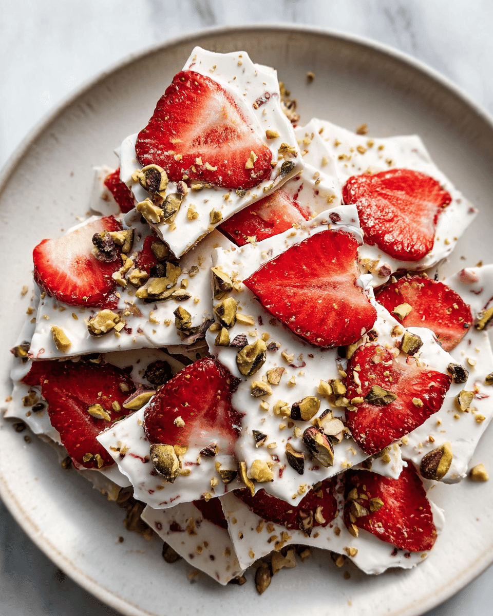 A light grey speckled white plate holds a dessert made of one main layer of creamy white yogurt or cream, topped with many thin, irregular slices of bright red strawberries spread evenly. Scattered across all the white creamy parts are small pieces of crushed pistachio nuts, giving a mix of green and brown colors. The dessert has a soft, fresh, and slightly textured look, with the strawberry slices contrasting vividly against the white cream. The setting is on a white marbled surface. photo taken with an iphone --ar 4:5 --v 7