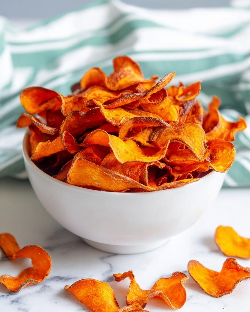 A white bowl with a light blue rim is filled with a large pile of crispy, orange sweet potato chips. The chips are thinly sliced with curled and twisted shapes, showing some darker burnt edges and a crunchy texture. They fill the bowl almost to the top, giving a sense of crispiness and a bright orange color contrast against the white bowl. The bowl sits on a white marbled surface with a soft, blurred fabric background in white and turquoise stripes. photo taken with an iphone --ar 4:5 --v 7