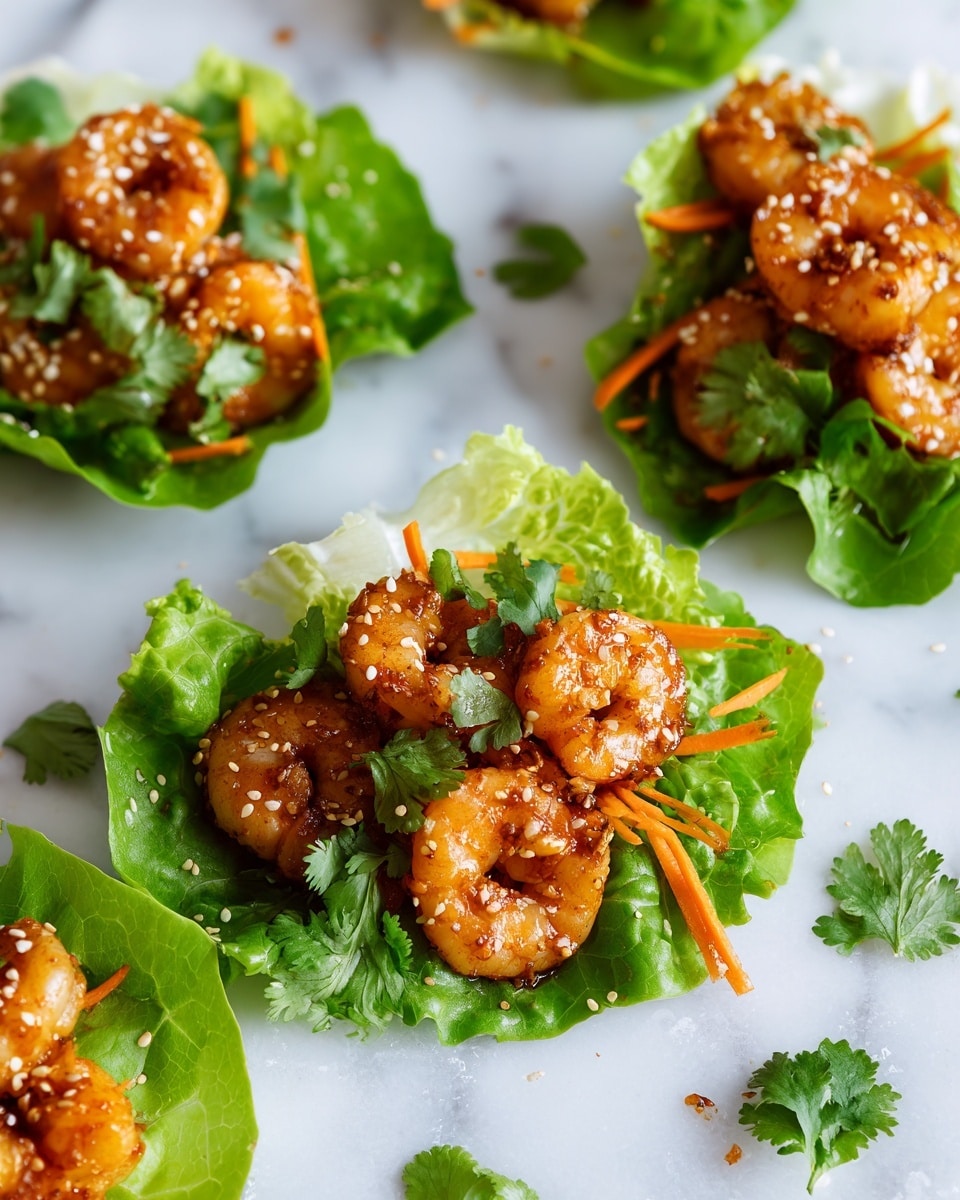 The image shows several fresh lettuce wraps placed on a white marbled surface, each made with bright green, soft lettuce leaves forming the base layer. On top of the lettuce are thin orange carrot sticks adding a crunchy texture, followed by a generous layer of large, cooked shrimp with a golden-brown sear and sprinkled lightly with white sesame seeds. Small green cilantro leaves are scattered around the wraps, adding a touch of color. Some shrimp lie directly on the white marbled surface near the wraps. The scene is casual and fresh with a few drops of sauce dotted around, photo taken with an iphone --ar 4:5 --v 7