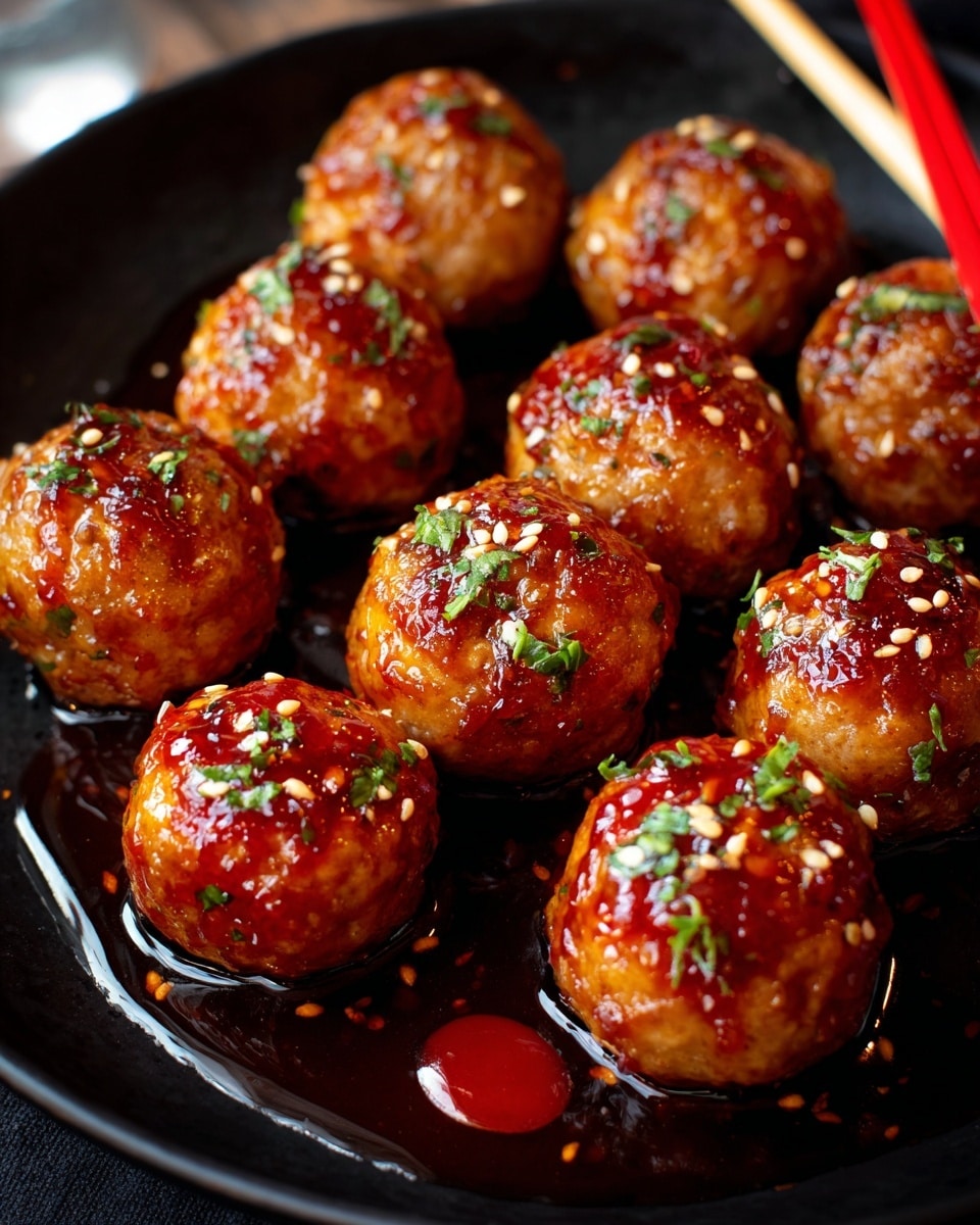 A close-up view of twelve golden-brown meatballs coated with a shiny reddish-brown sauce, each sprinkled with small white sesame seeds and finely chopped green herbs. The meatballs are arranged closely together on a black plate with a small pool of the glossy sauce spread around them. Two wooden chopsticks, one slightly red-tinted and the other plain, rest on the edge of the plate. The background shows a white marbled texture. Photo taken with an iphone --ar 4:5 --v 7