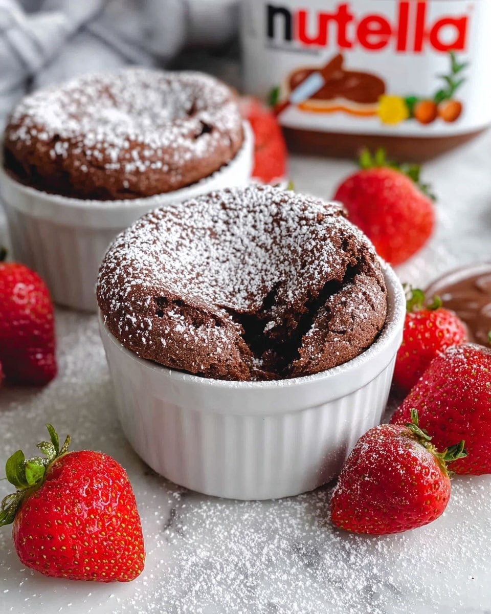 A close-up of two small white ramekins filled with soft, cracked chocolate soufflés dusted evenly with powdered sugar, showing a rich dark brown color and fluffy texture, placed on a white marbled surface scattered with powdered sugar. Bright red strawberries with green tops are arranged around the ramekins, adding vibrant color contrast. In the background, a large jar of Nutella is slightly blurred but recognizable, enhancing the chocolate theme. photo taken with an iphone --ar 4:5 --v 7