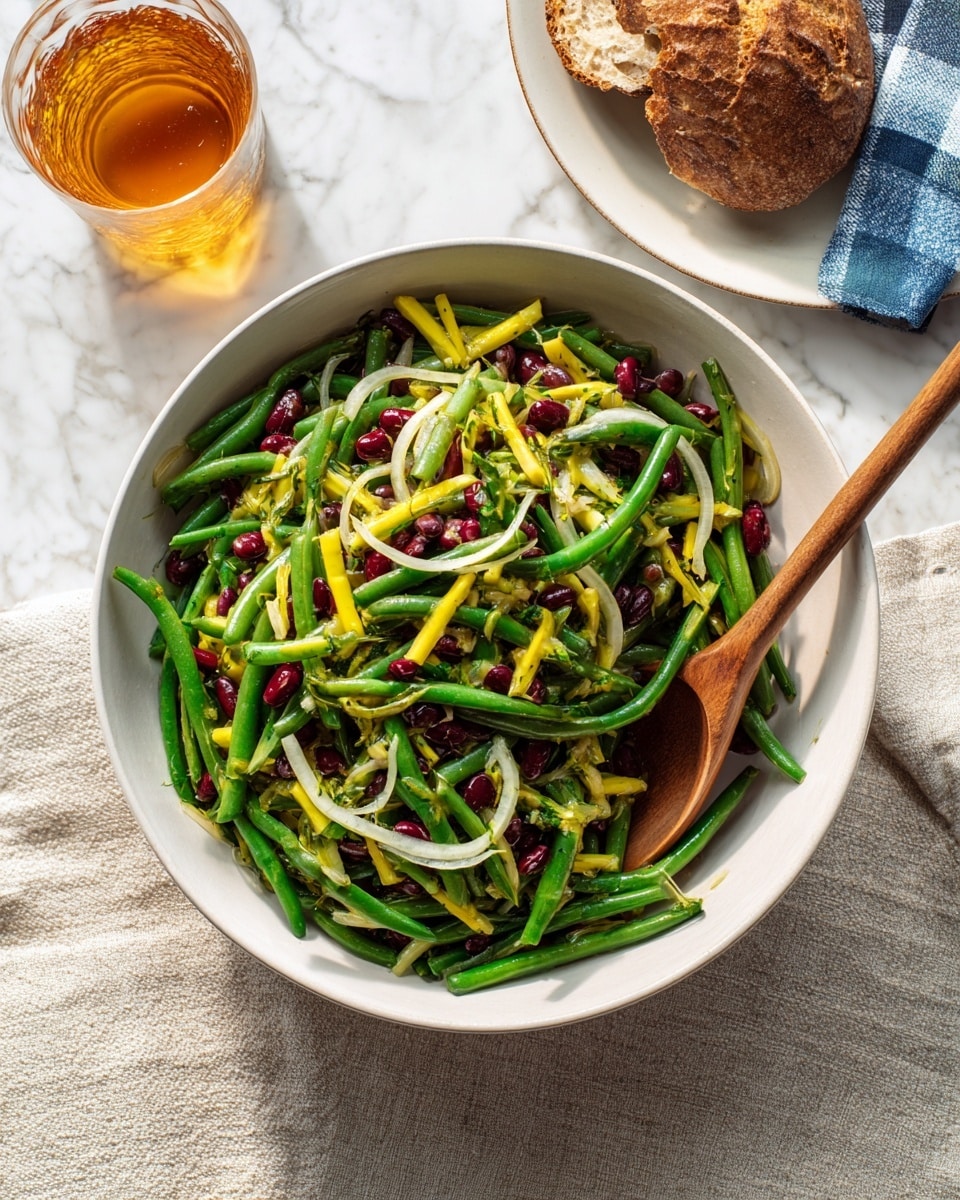A white bowl filled with a mixed bean and onion salad where the base layer consists of red kidney beans, green beans, and yellow wax beans, all evenly scattered. On top of this layer, thin, translucent white onion rings are spread across, creating a spiral pattern. The onions appear fresh and slightly glossy, contrasting with the matte texture of the beans. The bowl is placed on a white marbled surface with parts of two empty white bowls visible near the edges of the image. Photo taken with an iphone --ar 4:5 --v 7