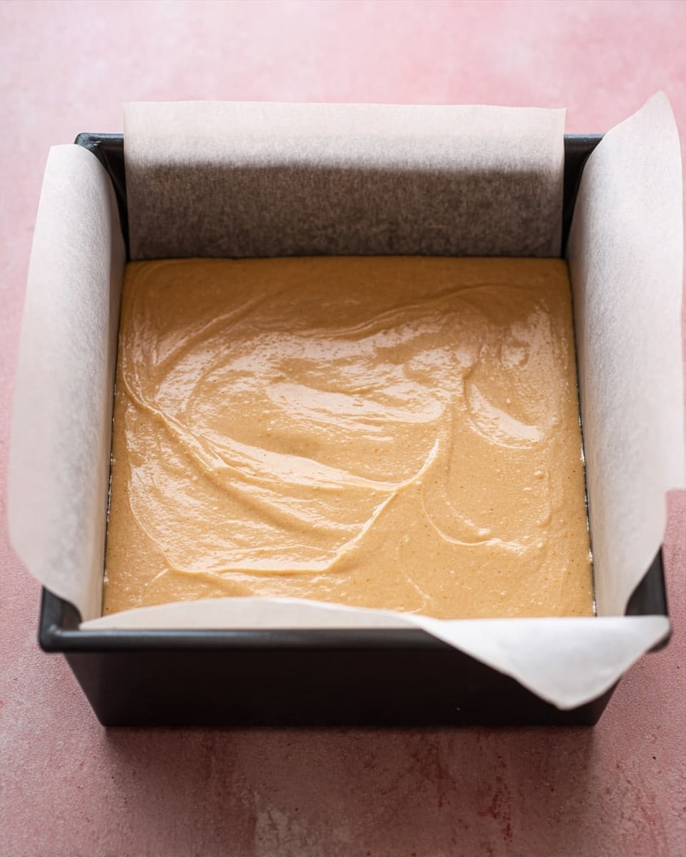 The image shows a square dark baking pan lined with white parchment paper, filled with a smooth, light brown batter that is evenly spread out in one layer. The surface of the batter has a soft, slightly glossy texture with a few gentle swirls visible on top. The pan sits on a white marbled surface with a soft pink background blurred behind it. photo taken with an iphone --ar 4:5 --v 7