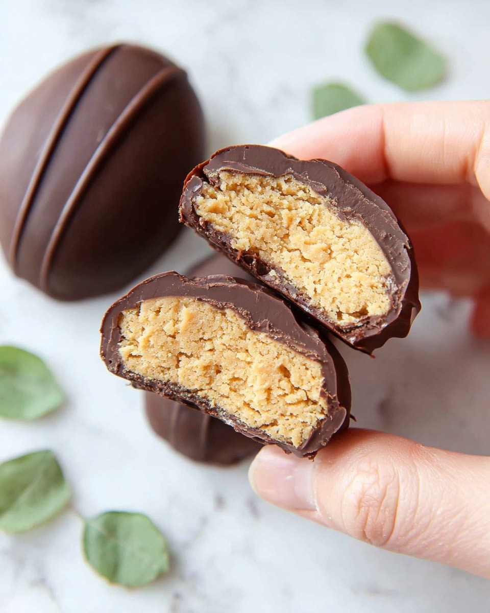 A close-up of a hand holding two halves of a small chocolate-covered treat with two visible layers: the outer layer is smooth, dark brown chocolate coating, and inside is a thick, light brown, crumbly textured filling. Next to the hand, on the white marbled textured surface, is a whole, oval-shaped chocolate piece with a slightly ridged surface. There are a few small green leaves scattered around on the white marbled texture. Photo taken with an iphone --ar 4:5 --v 7