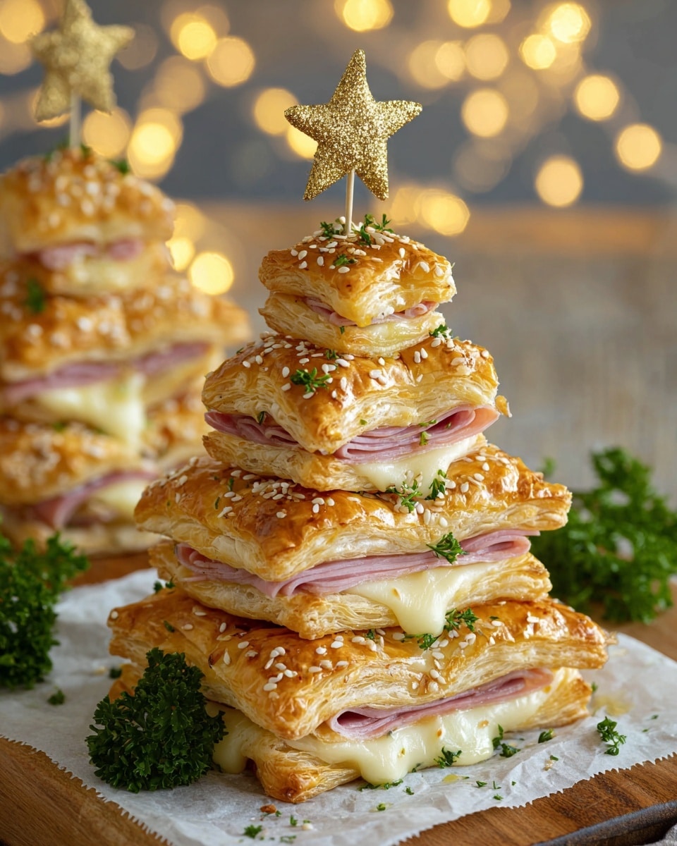 A stack of five layers shaped like a Christmas tree, each layer consisting of golden brown, crispy puff pastry with a shiny glazed top sprinkled with sesame seeds and finely chopped green herbs. Between the puff pastry layers, there are thin slices of pink ham and melted white cheese oozing slightly. The smallest puff pastry piece is at the top, decorated with a small golden star on a toothpick. The trees are set on white parchment paper over a wooden board, and fresh green parsley sits beside them. The background is softly blurred with warm yellow lights and a dark setting, all on a white marbled texture surface. Photo taken with an iphone --ar 4:5 --v 7