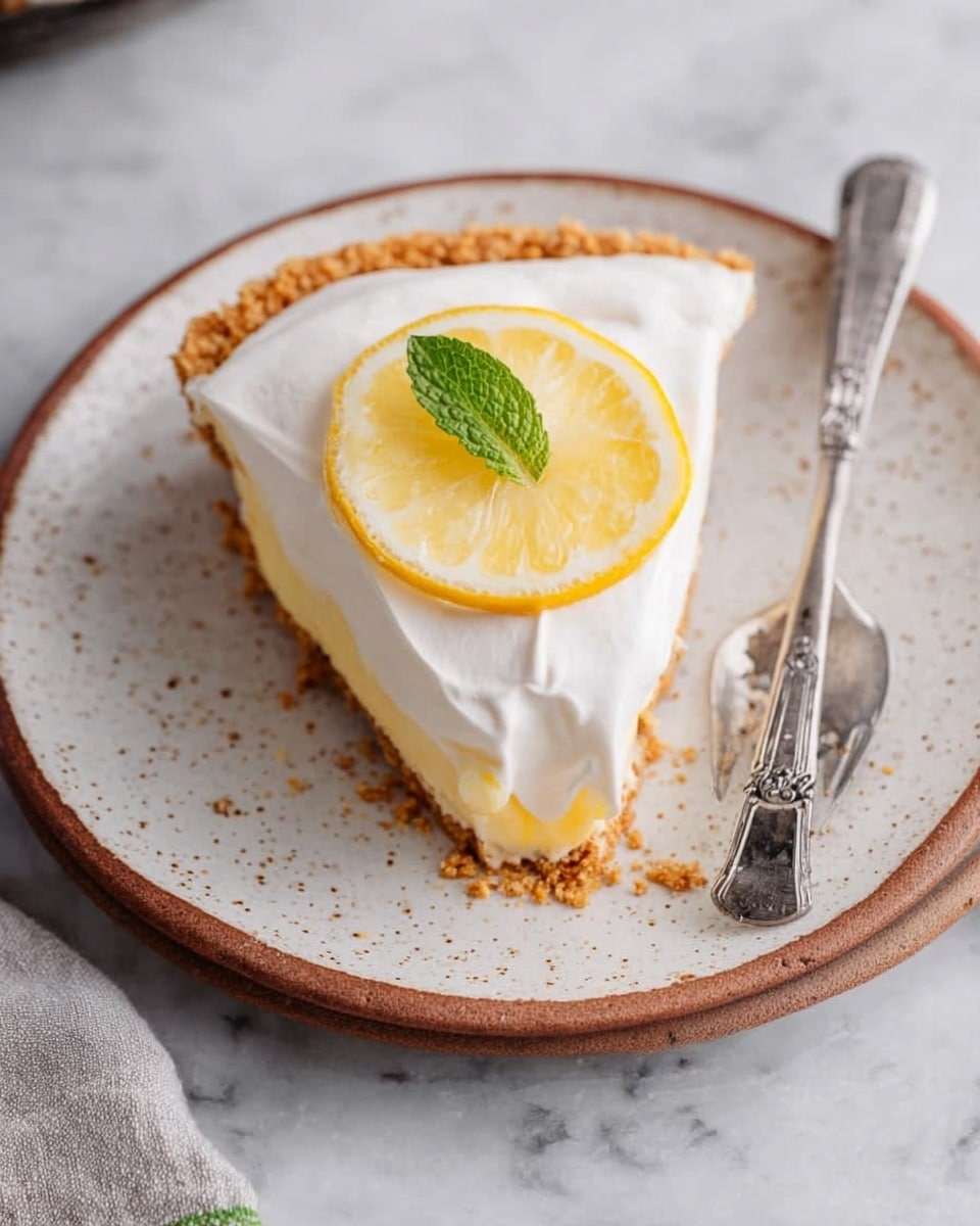 A slice of pie is on a white speckled plate with a brown edge, placed on a white marbled surface. The pie has three visible layers: a crumbly golden crust at the bottom, a smooth light yellow filling in the middle, and a thick white whipped topping covering the top. On the whipped topping sits a thin yellow lemon slice with a small green mint leaf in the center. A silver fork with an ornate handle rests on the plate next to the pie slice. Photo taken with an iphone --ar 4:5 --v 7