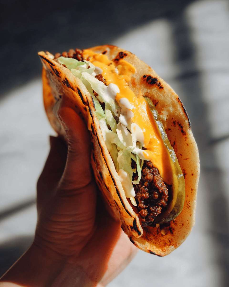 A grilled taco held by a woman's hand showing three visible layers inside a white soft tortilla; the first bottom layer is dark brown grilled ground beef with a slightly crispy texture, the middle layer is bright yellow melted cheddar cheese, and the top layer consists of white mayonnaise-like sauce drizzled thickly, pale green shredded lettuce, and a single ridged green pickle slice on the side; the tortilla has a warm golden brown color with some char marks and darker spots, the taco is held upright with sunlight casting warm shadows on the hand and the food, with a soft focus background and a white marbled texture surface. photo taken with an iphone --ar 4:5 --v 7