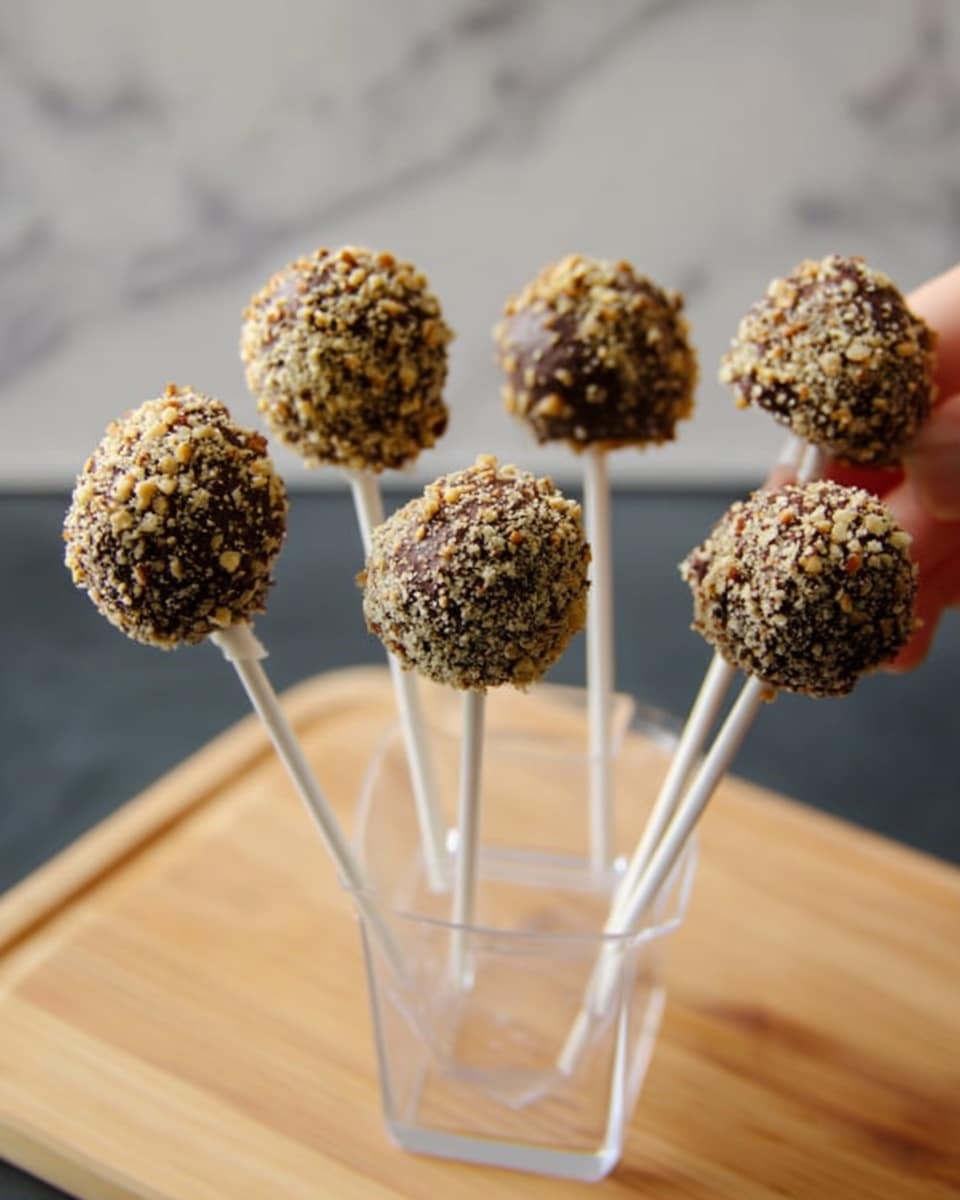 The image shows seven round chocolate cake pops covered with crushed nuts, each on a white stick. The cake pops have a dark brown color with a rough texture from the nut coating, and they are placed in a clear plastic stand on a wooden board. One woman's hand is gently holding a cake pop stick. The background is a white marbled texture. photo taken with an iphone --ar 4:5 --v 7