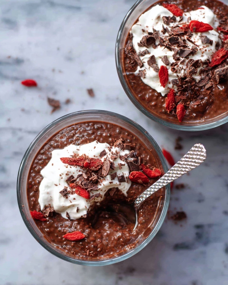 The image shows two clear glass bowls filled with chocolate chia pudding on a white marbled surface. Each bowl has a rich, dark brown smooth pudding base with small chia seeds visible throughout. On top, a thick layer of white creamy whipped topping is spread unevenly, partially mixing into the chocolate pudding. Scattered on the surface are small pieces of dark chocolate shavings and some tiny red goji berries, adding texture and color contrast. A metal spoon with a checkered handle is dipped into the pudding of the lower bowl. photo taken with an iphone --ar 4:5 --v 7