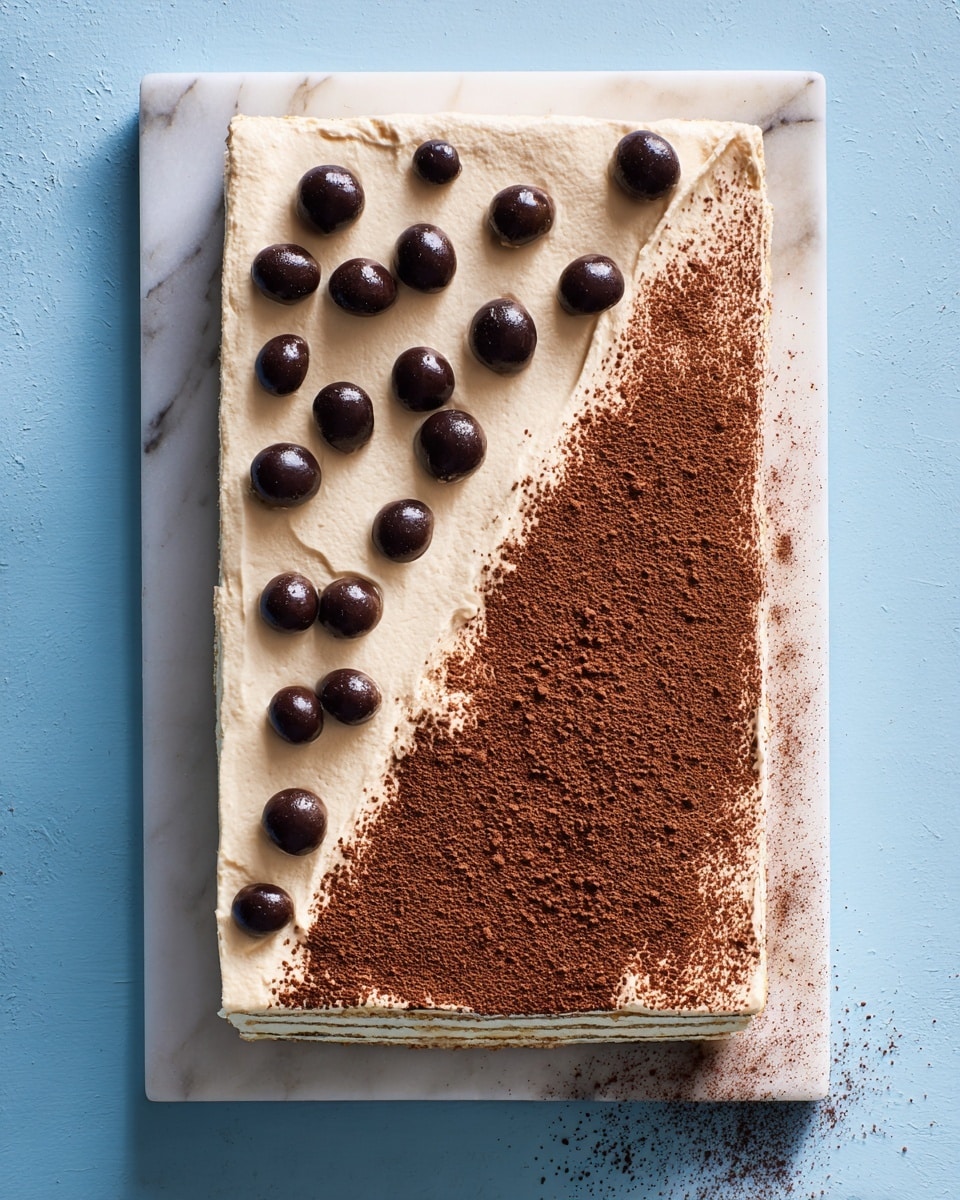 A rectangular dessert with two distinct halves rests on a white marbled tray. The left half is covered with a smooth, creamy beige layer topped with scattered glossy dark chocolate balls. The right half is fully dusted with a fine layer of cocoa powder, which spills slightly onto the tray’s edge. The dessert edges are clean and sharp, showing thin layers beneath the toppings, all placed on a white marbled surface that contrasts with the light blue background. photo taken with an iphone --ar 4:5 --v 7