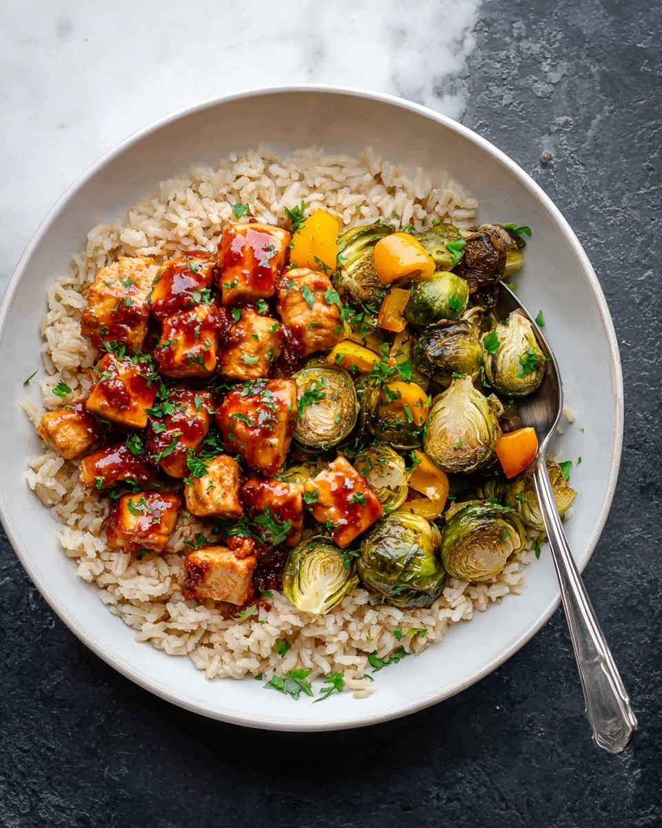 A white bowl sits on a white marbled surface, filled with three layers: the base layer is light brown cooked rice, covering the entire bowl; the middle layer consists of roasted Brussels sprouts with golden brown, crisp edges scattered on top of the rice along with pieces of yellow-orange roasted bell peppers; the top layer features small cubes of grilled chicken glazed with a shiny reddish sauce and sprinkled with chopped green herbs, all arranged evenly over the vegetables and rice. A silver spoon rests inside the bowl on the right side. Photo taken with an iphone --ar 4:5 --v 7