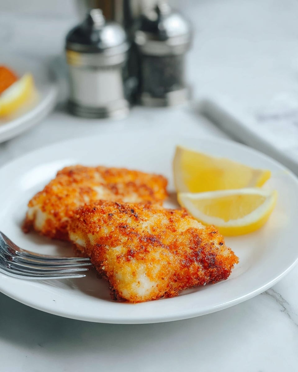 Two pieces of crispy golden-brown fried fish with a slightly rough texture are placed on a simple white plate. Next to the fish are two bright yellow lemon wedges, positioned on the right side of the plate. A silver fork lies diagonally across the bottom left of the plate, resting on the edge. The setup is on a white marbled surface with a blurred salt and pepper shaker in the background, adding a homey touch. photo taken with an iphone --ar 4:5 --v 7