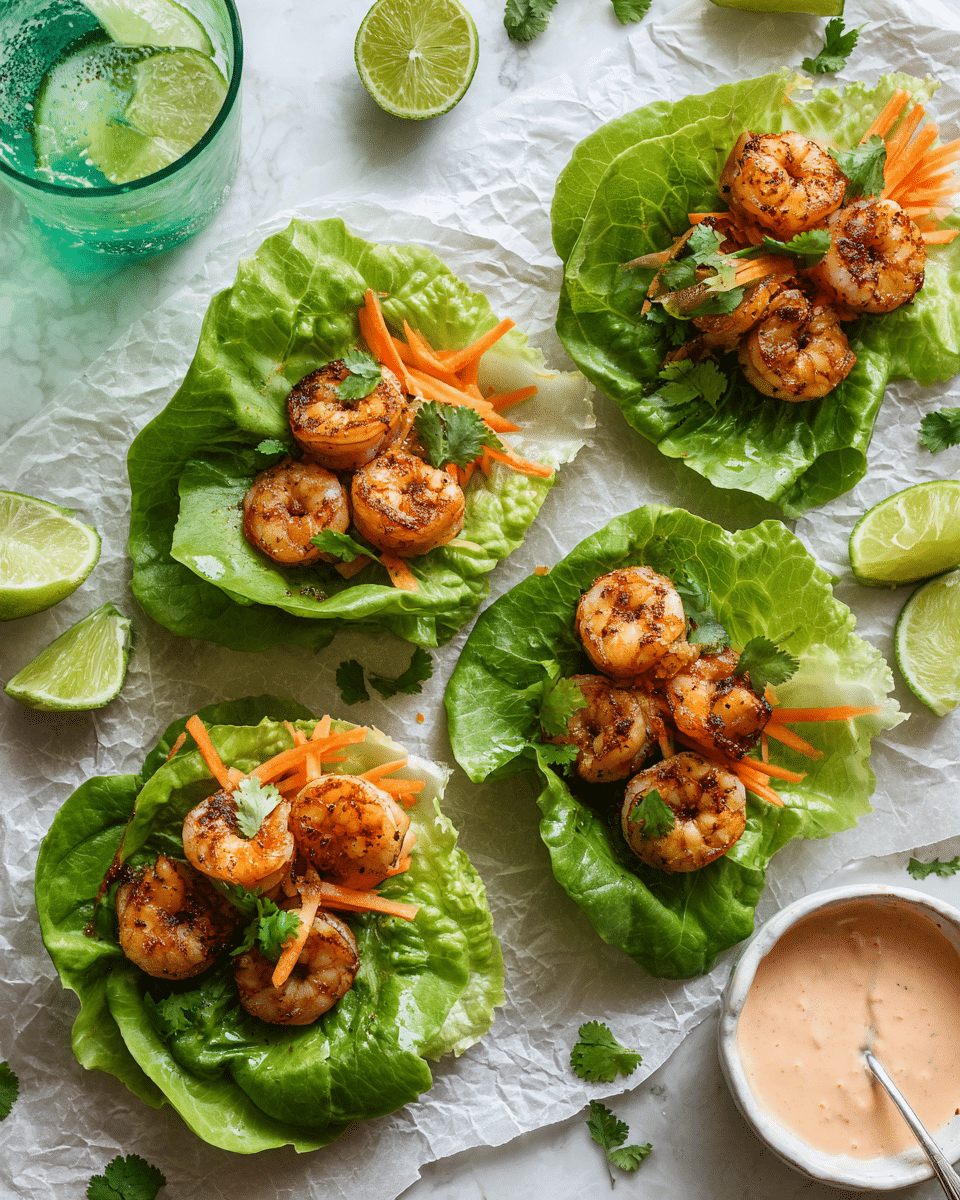 Four lettuce wraps sit on crumpled parchment on a white marbled surface, each wrap layered with bright green butter lettuce leaves holding medium-sized grilled shrimp with a golden-brown sear, and thin orange carrot sticks underneath the shrimp. Scattered cooked shrimp and small sprigs of cilantro dot the surface around the wraps. A wedge of lime lies near the top of the image, next to a green and blue ombre glass filled with a drink. At the bottom right, a small white bowl holds a creamy pink dipping sauce with a spoon resting in it, and a lime wedge is placed beside the bowl. The photo taken with an iphone --ar 4:5 --v 7