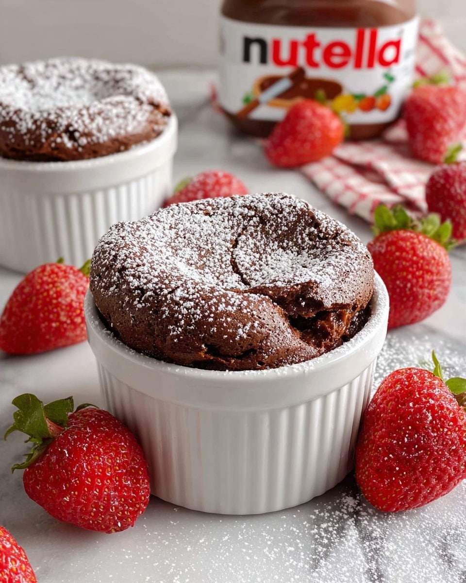 Two white ceramic ramekins filled with dark brown, fluffy Nutella soufflés that have cracked and risen above the rim, dusted generously with white powdered sugar. The front ramekin has a bumpy texture, and the soufflé’s surface looks light and airy with a rough, cracked top. Around the ramekins are bright red strawberries with green leaves, also sprinkled with powdered sugar, scattered on a white marbled surface. In the background, a jar of Nutella is partially visible, with the white lid and a red and black label showing. Photo taken with an iphone --ar 4:5 --v 7