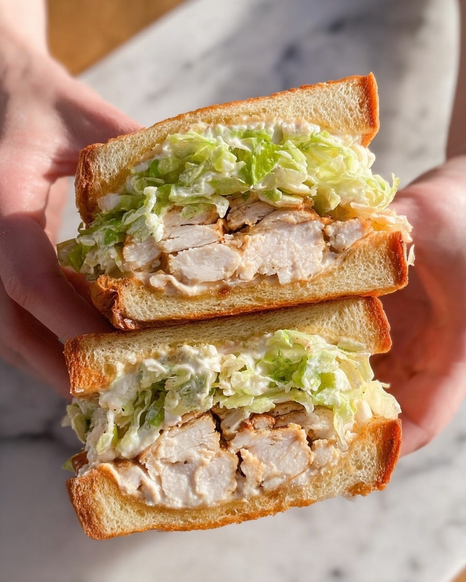 A close-up view of a sandwich held by two woman's hands, showing two halves stacked with layers from bottom to top: soft, golden-brown toasted bread with a slightly crispy crust; fresh, light green shredded lettuce mixed with creamy, pale white mayonnaise; thick, juicy grilled chicken breast pieces with light browning on the edges; topped with more creamy lettuce mixture, and covered with the top piece of golden toasted bread. The sandwich is positioned on a white marbled textured surface that is mostly out of focus. photo taken with an iphone --ar 4:5 --v 7
